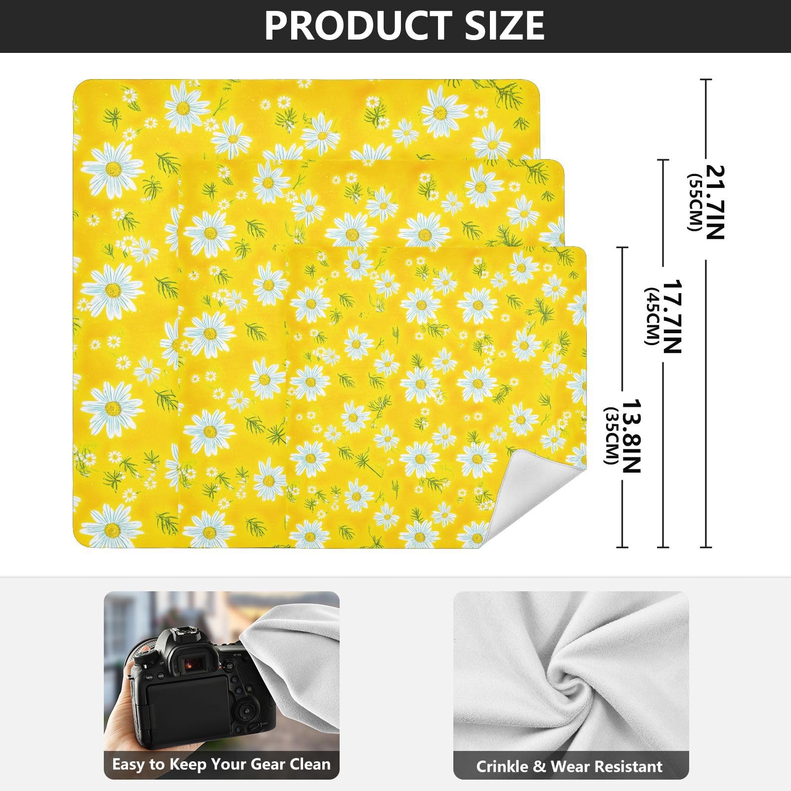 ODAWA White Daisies Yellow Self Adhesive Cloth 13.8X13.8 Inch Changeable Capacity Cosmetic Bag Lightweight Foldable Wrapper for Camera Accessories