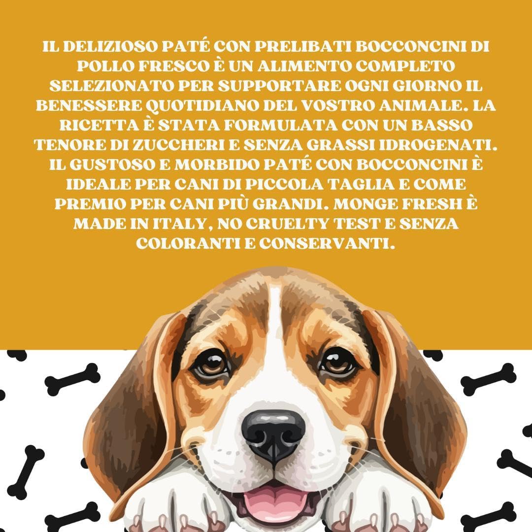 Monge Fresh perro húmedo para perros de todos los tamaños y razas, paté con bocados sabor pollo | 32 latas de 100 gramos cada una.