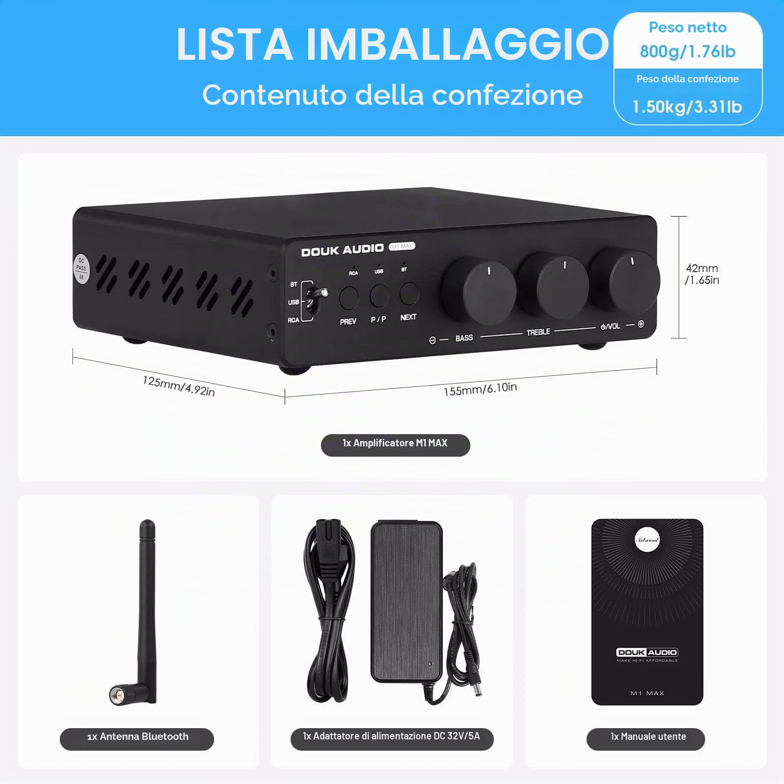 Douk Audio 300Wx2 Amplificatore HiFi TPA3255 Amplificatore di potenza Bluetooth Ricevitore Home Stereo Amplificatore U-Disk Player (M1 MAX)