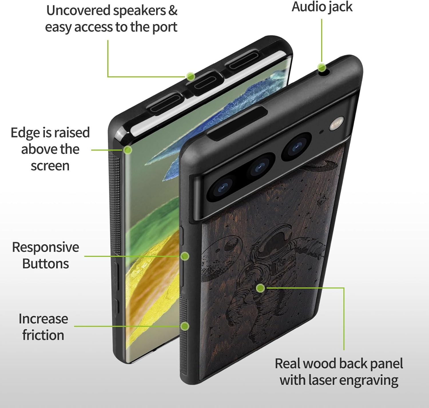 Carveit Wood Case for Pixel 7 Pro Case [Natural Wood & Black Soft TPU] Shockproof Protective Unique & Classy Wooden Cover Compatible with Google Pixel 7 Pro (Cosmic Wanderer-Blackwood)