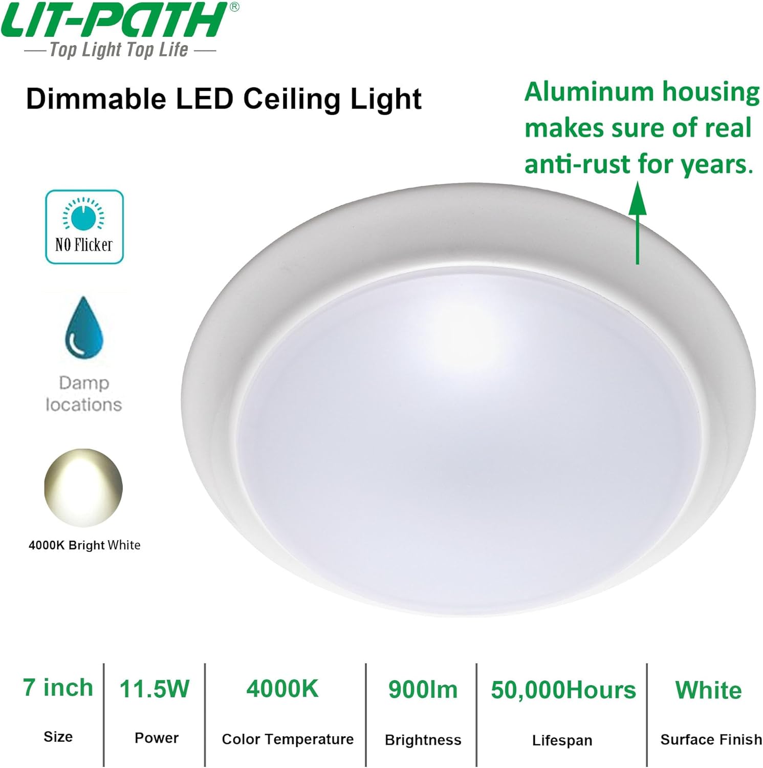 LIT-PaTH LED Flush Mount Ceiling Lighting Fixture, Dimmable 7 Inch 11.5W 900 Lumen, Aluminum Housing Plus PC Cover, Damp Location Rated for Bathroom, 4000K, 4-Pack