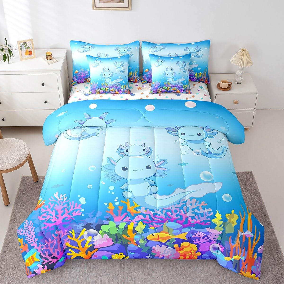Feelyou Kids Cute Axolotl 7 Pieces Bedding Set Twin Size, Ocean Sealife Bed in A Bag Boys Girls Kawaii Comforter Set with Sheets Cartoon Salamander Teens Bed Set Bedroom Decor 7Pcs