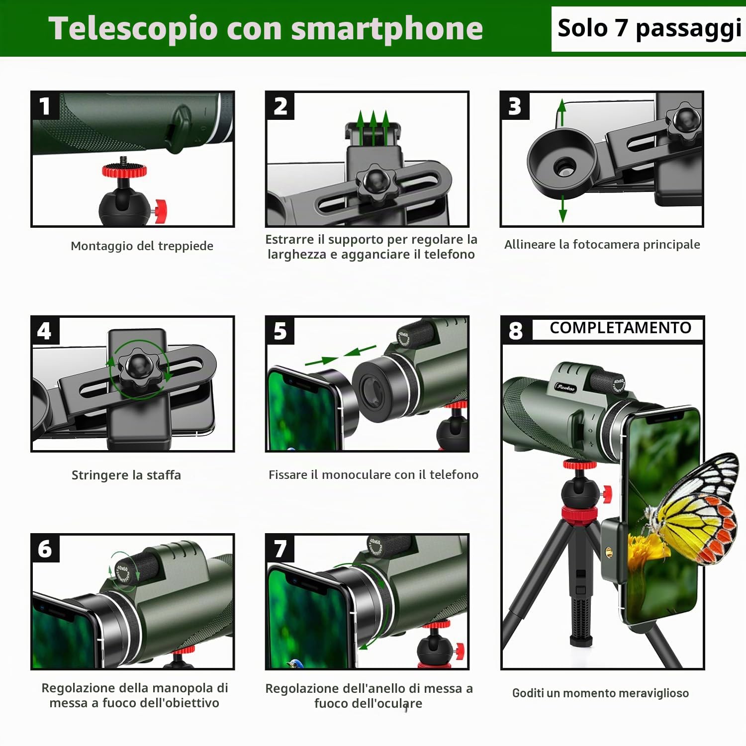 Telescopio monoculare Pankoo 40X60 HD compatto da taschno con supporto regolabile per smartphone, perfetto per bird watching e viaggi