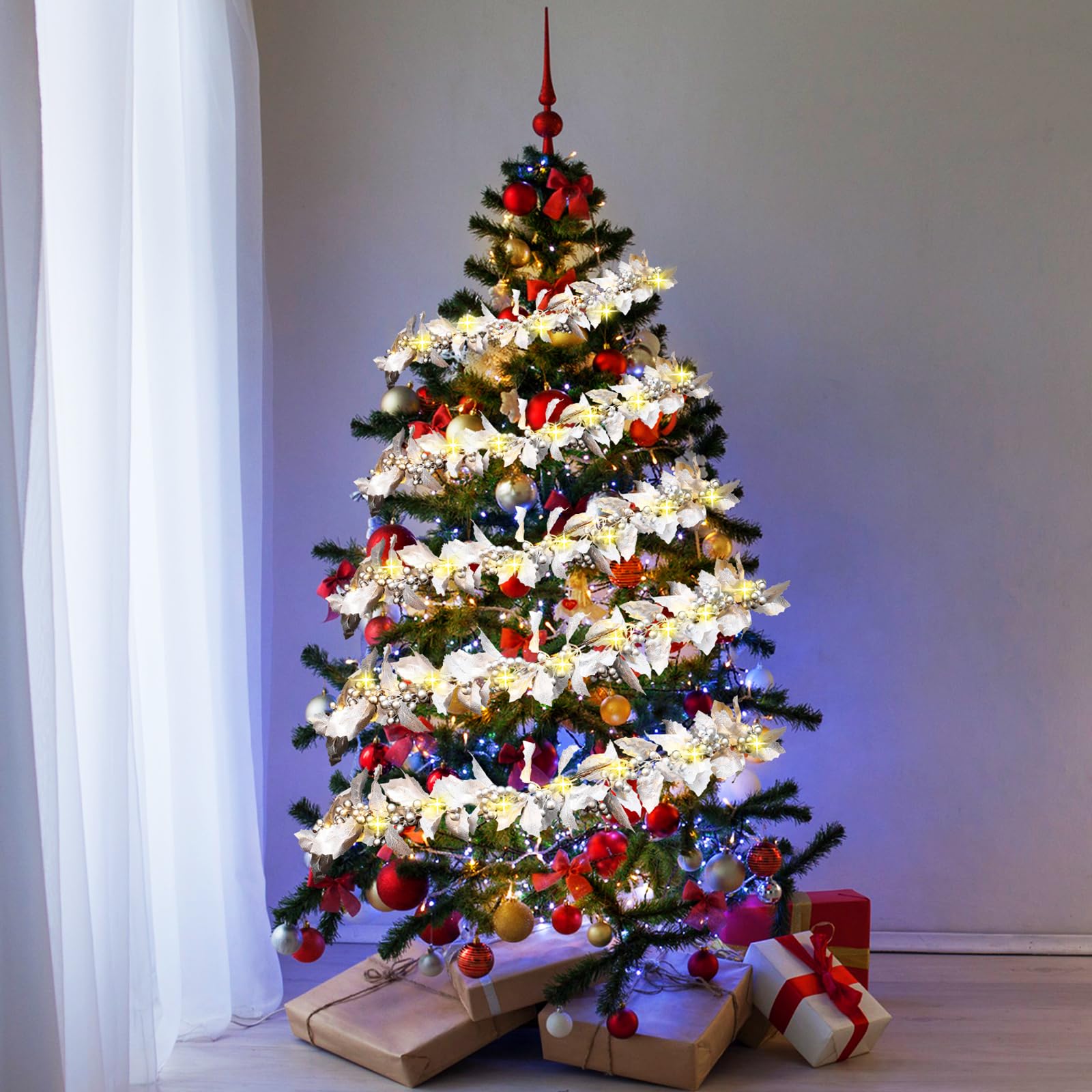 Syhood Guirlande de baies de Noël de 1,8 m - Guirlande lumineuse de feuilles de houx - Guirlande artificielle d'intérieur - Décoration d'automne et de Noël - Guirlande lumineuse pour cheminée,