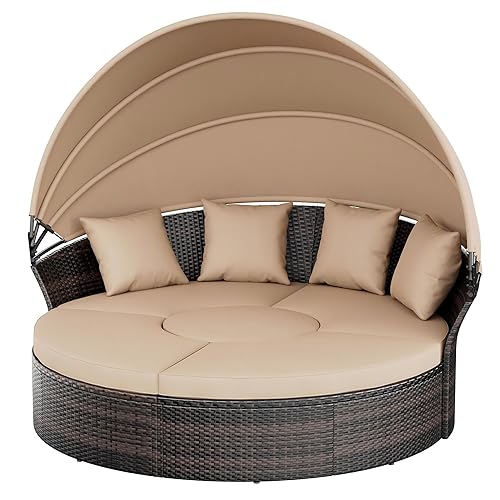 Crownland Outdoor Daybed with Retractable Canopy, Patio Round Daybed with