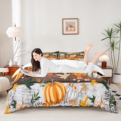 Miniatura 2 de Juego de funda de edredón para niños con diseño de calabaza otoñal, tamaño King, juego de ropa de cama rústica con tablones de madera, decoración de