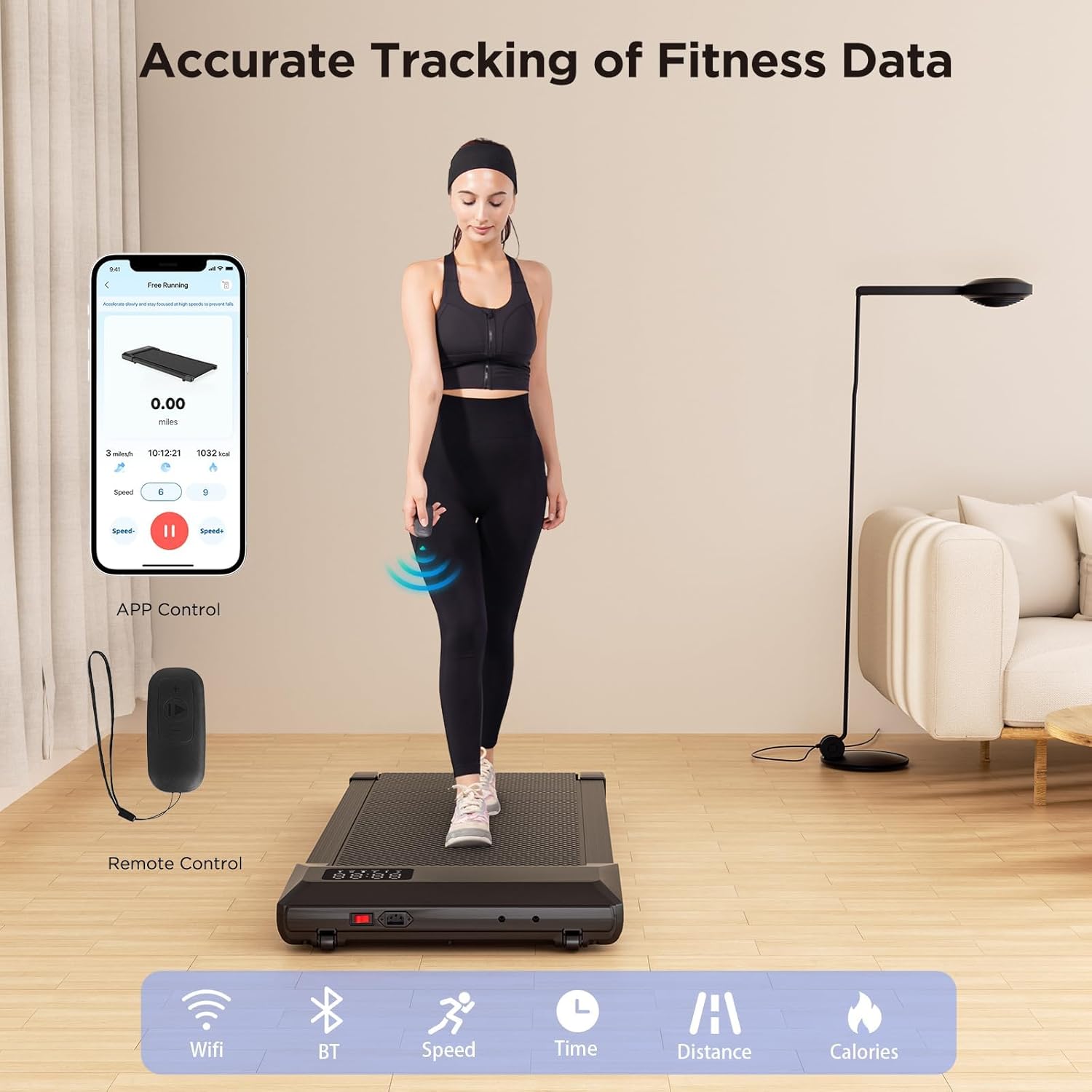 A person walking on the Lacuffy Walking Pad, with a remote control and a smartphone displaying the PitPat app interface for fitness data tracking.