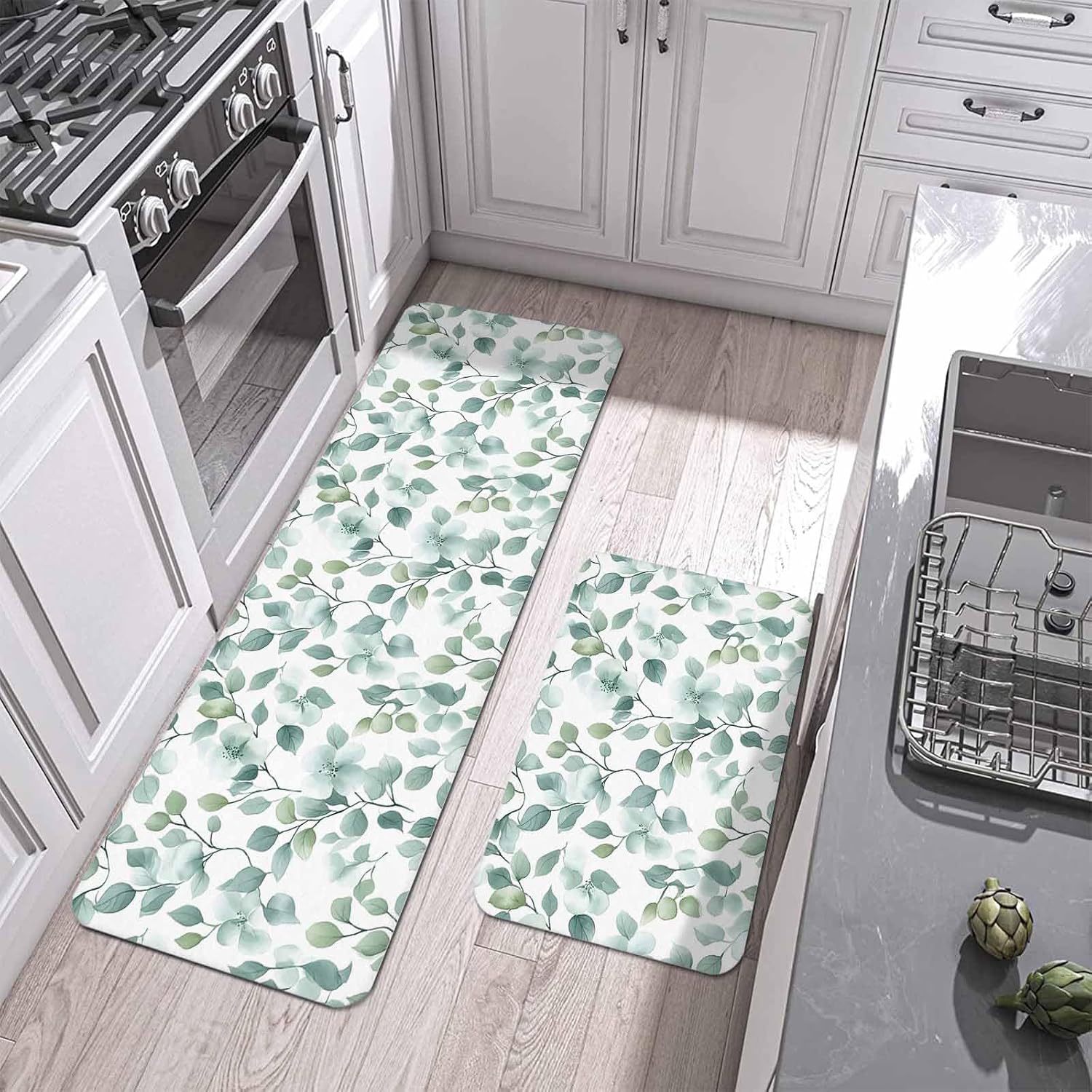 Prime Leader Leaf Floral Kitchen Mat Set 2 Pieces Watercolor Green Plant Botanical Countryside Non Slip Kitchen Rugs Washable Runner Rug Mats for Sink Laundry (23.6" x 35.4"+23.6" x 70.9")