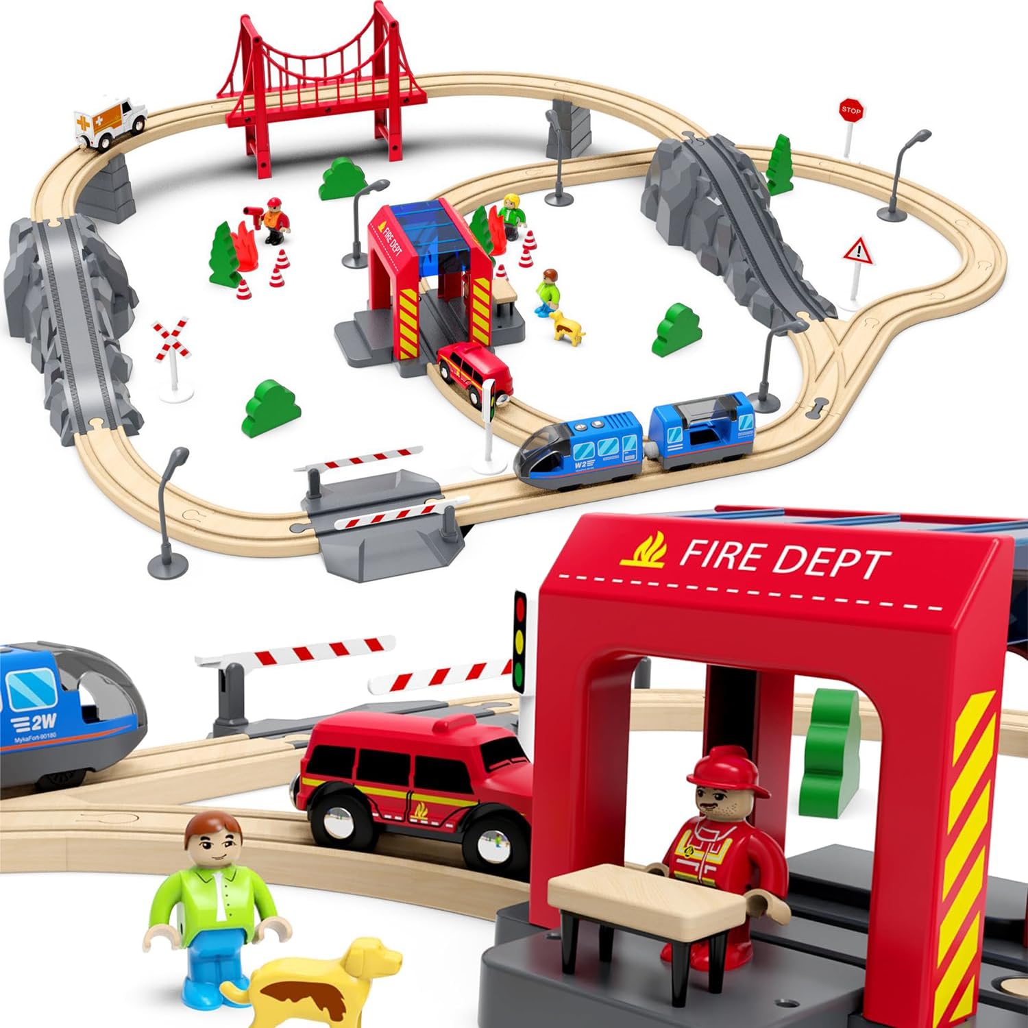 AquaFalcon 72PCS Wooden Train Tracks & Trains, Gift Packed Toy Railway Kits for Kids, Toddler Boys and Girls 3,4,5 Years Old and Up