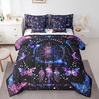 Boho Dreamcatcher Comforter Butterfly Colorful Polka Dots Bedding Set Full 7 Pcs,Bohemian Galaxy Dreamy Bed Set for Kids Girls Room Decor Colorful Soft Bed in a Bag with Comforter,Sheets,Pillowcases