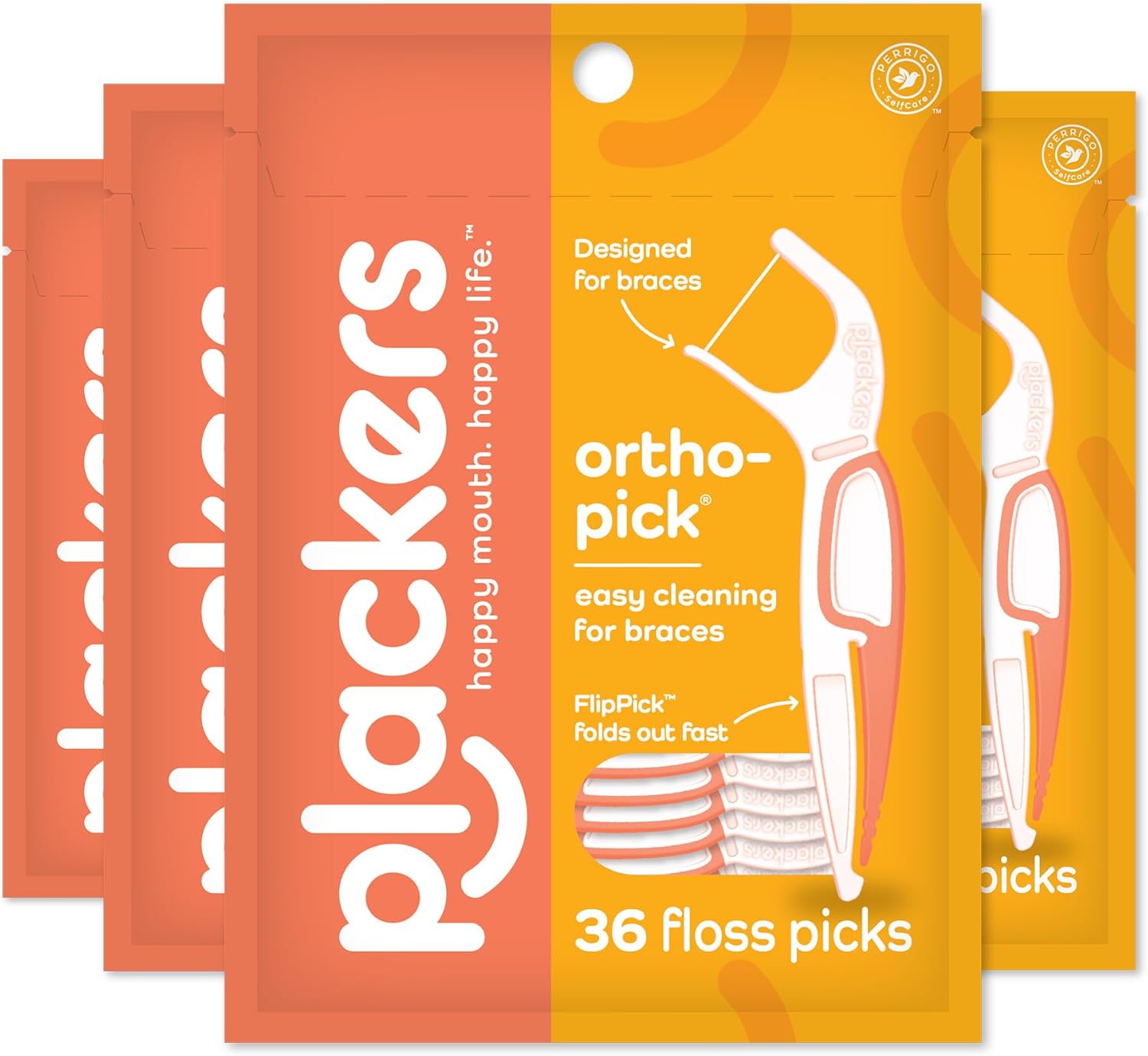 Plackers Orthopick Dental Floss Picks for Braces, 36 Count (Pack of 4