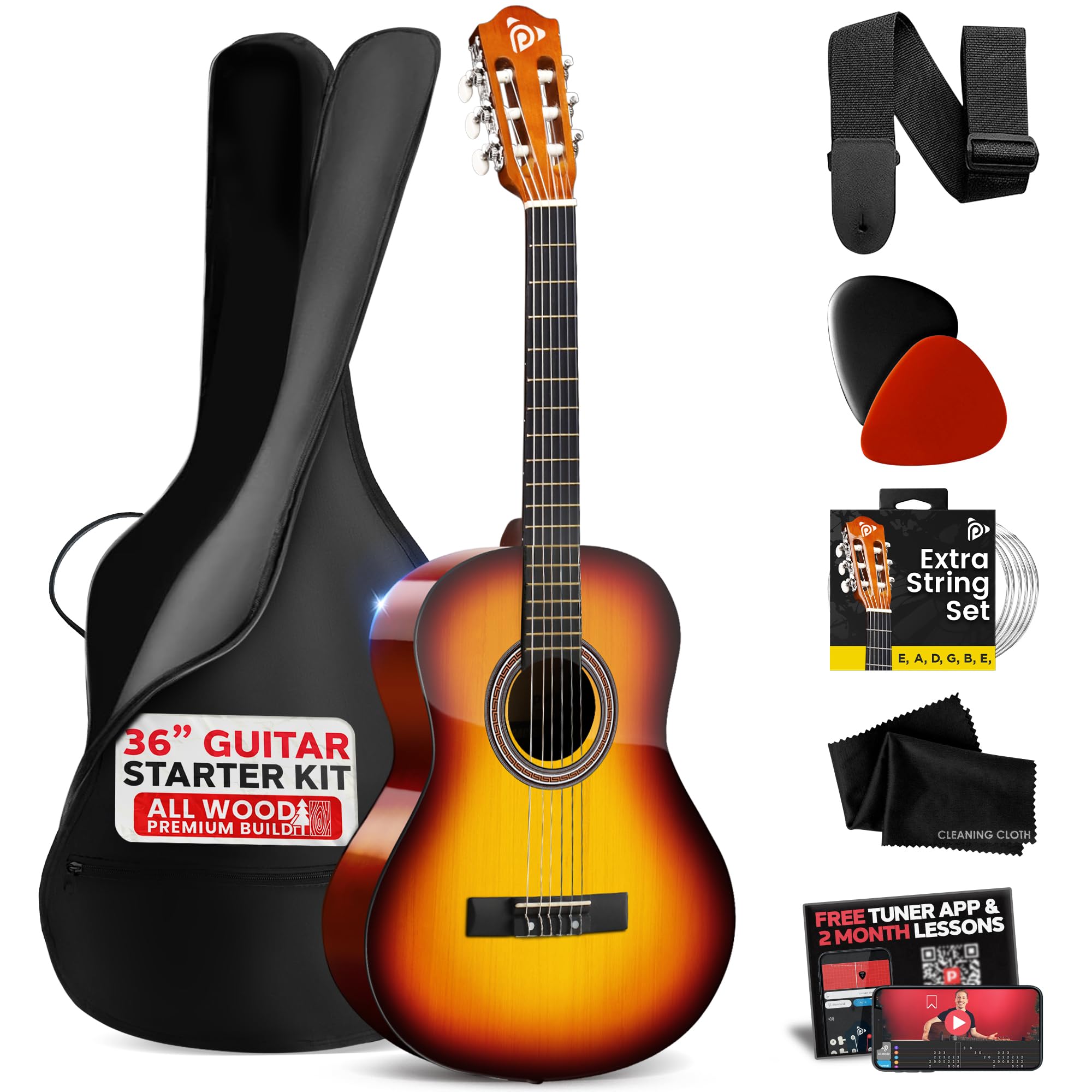 Pyle Acoustic Guitar 3/4 Size Beginner Kit – Classical Spanish Nylon String Acoustic for Adults & Youth, 36 in (91 cm) Junior Instrument with Gig Bag, Strap, Picks & Spare Strings, Sun Burst Gloss