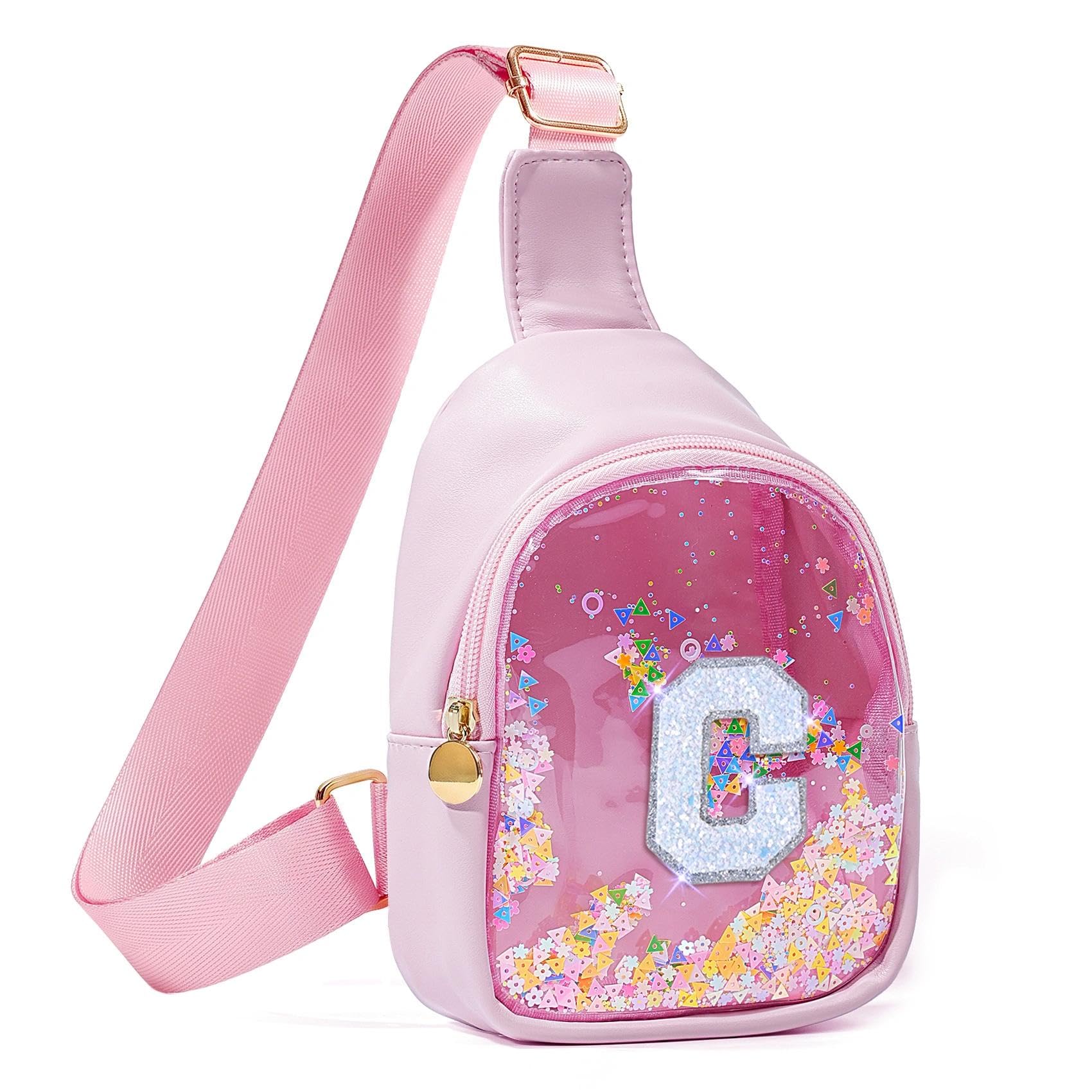 COSHAYSOO Pink Toddler Little Girls Purse 2 3 4 5 6 7 Year Old Kids Sling Bag Initial Crossbody Clear Pouch, Daily Essentials Carry On the Go Travel Wallet for Shopping Camping Picnic Letter C
