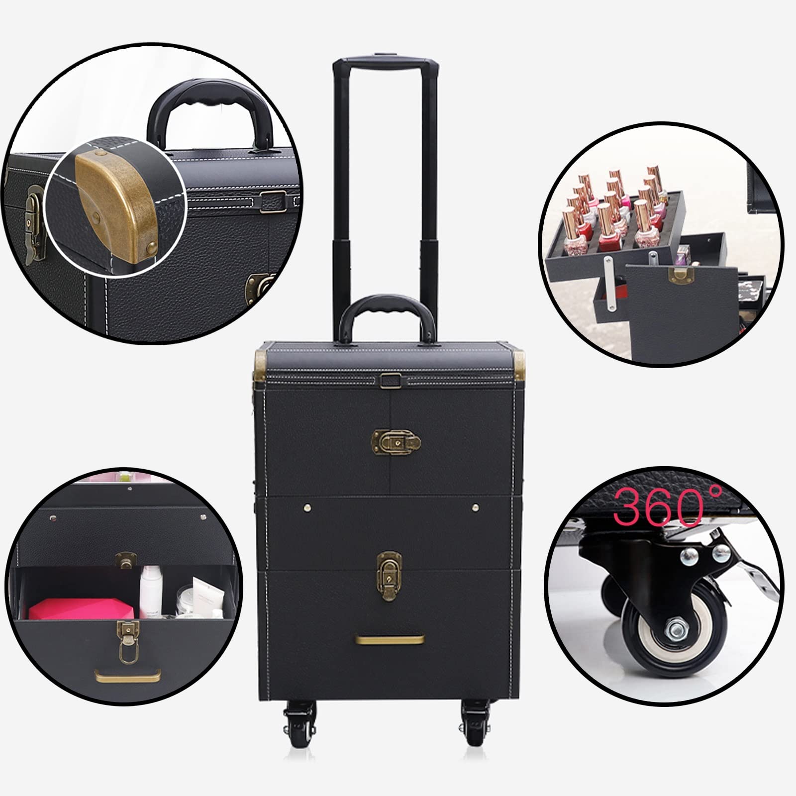 Beauty Makeup Train Case Reisetrolley Kosmetiktasche Rolling Organizer Vanity Box, Rolling Makeup Case Reisetrolley mit Rädern Kosmetiktrolley, Schwarzer Kosmetikkoffer mit Spiegel