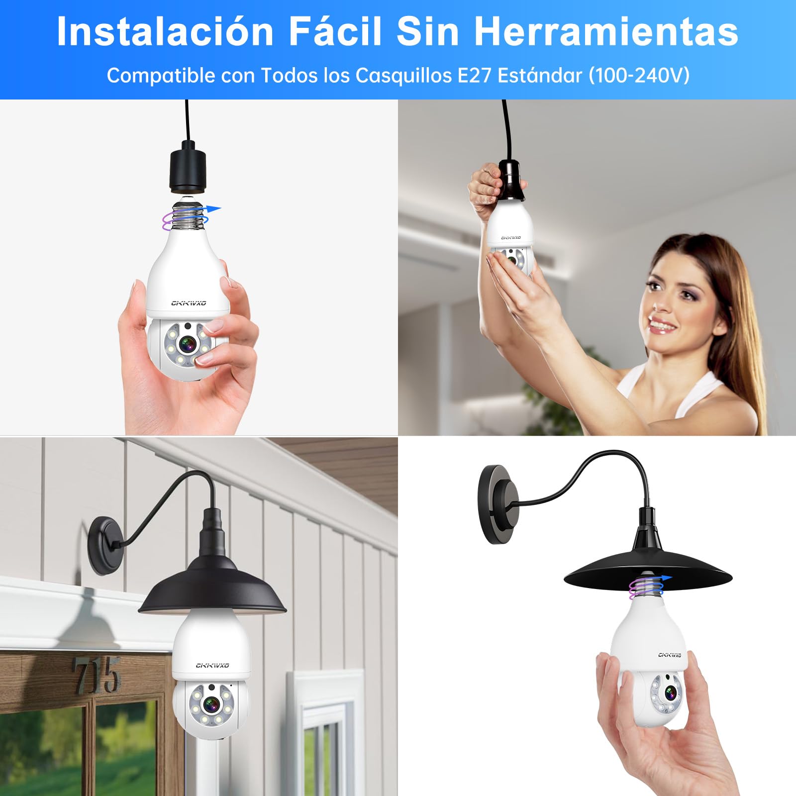 2K 3MP Camara Vigilancia WiFi Interior Bombilla (2.4/5 GHz) con Visión Nocturna en Color, Detección de Movimiento, Audio Bidireccional, Alexa, E27 Estándar (Pack2)