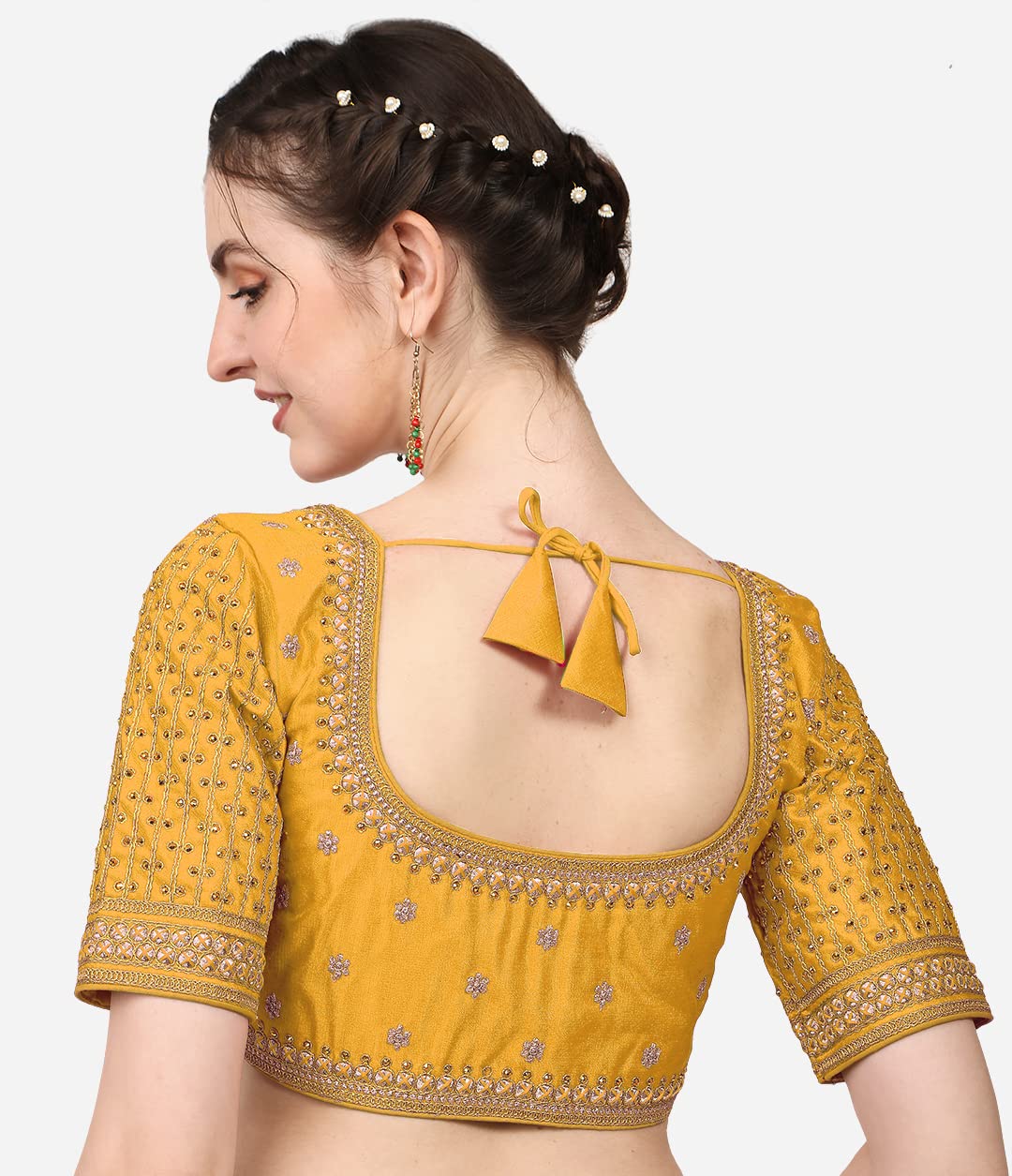 Pujia Mills Women's Cobra Silk Embroidery Coding Stone Work Half Sleeve Saree Blouse