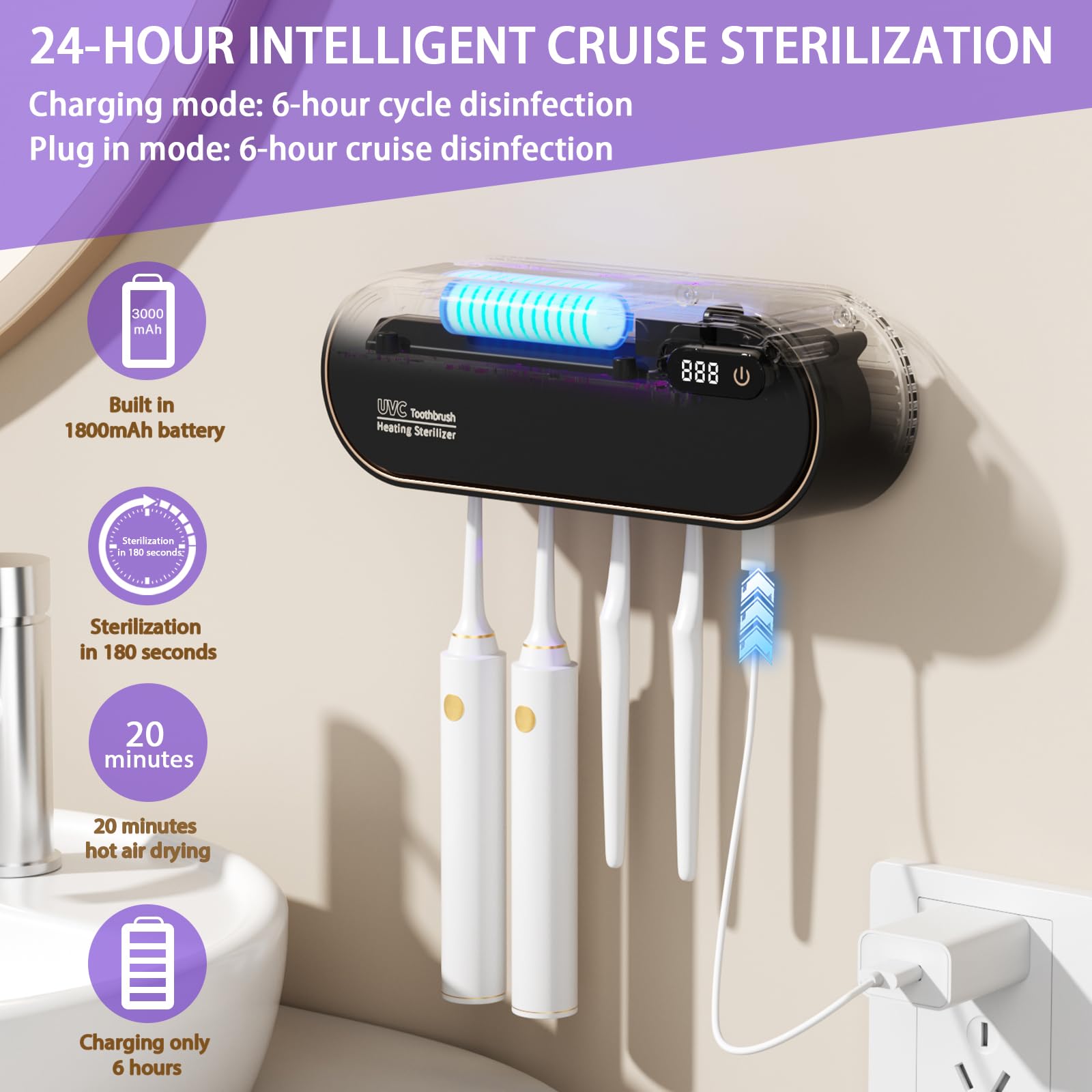 Portaspazzolino per bagno, portaspazzolino elettrico con ciclo intelligente 24 ore di pulizia e asciugatura ad aria calda, display a LED, porta spazzolino da denti ricaricabile da parete (nero)