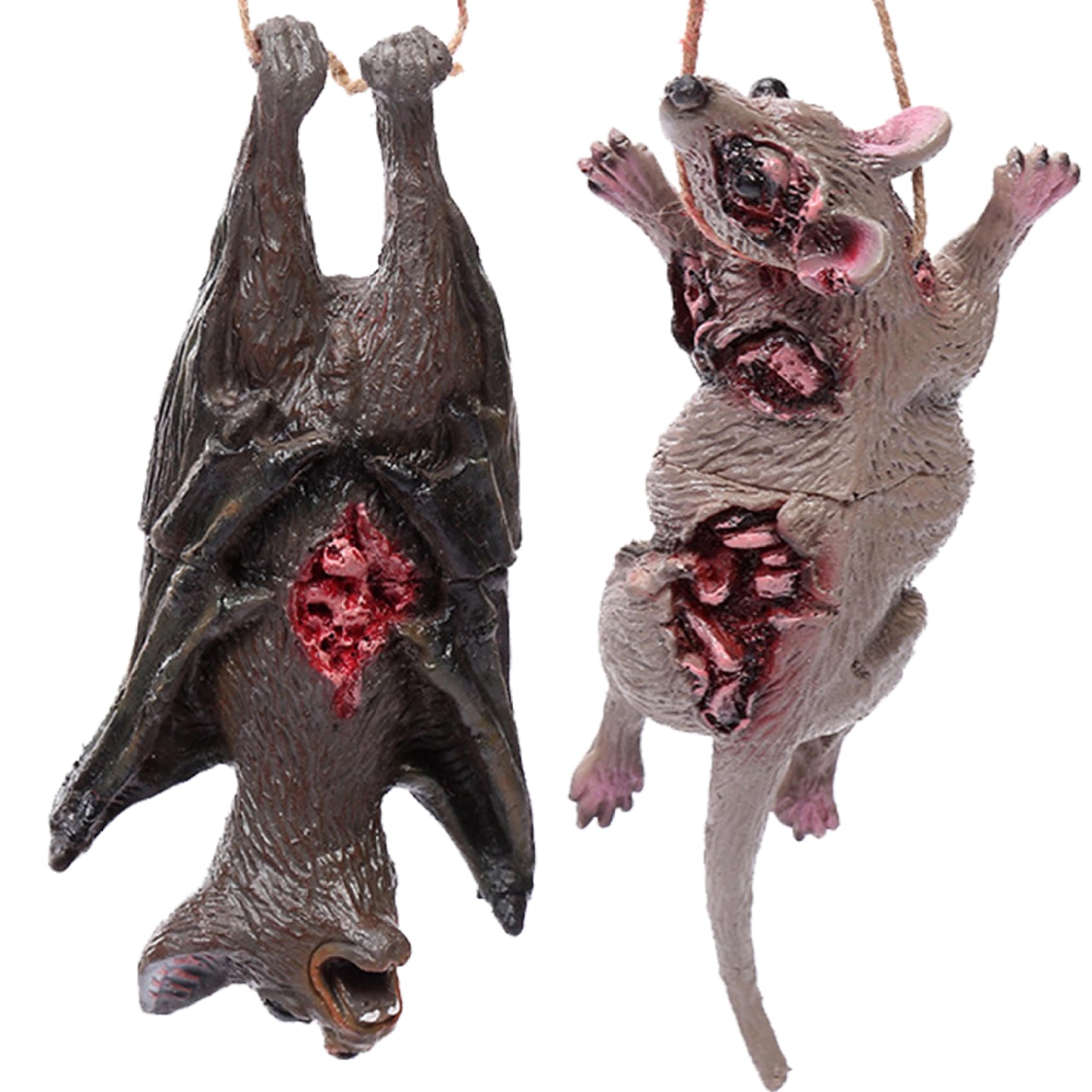Nukinp Realistic Rat and Bats for Scary Halloween Decorations 2PCS/Set Hanging Spooky Halloween Bats Horror Rat Prank Prop with Bloody Scar for Haunted House Supplies