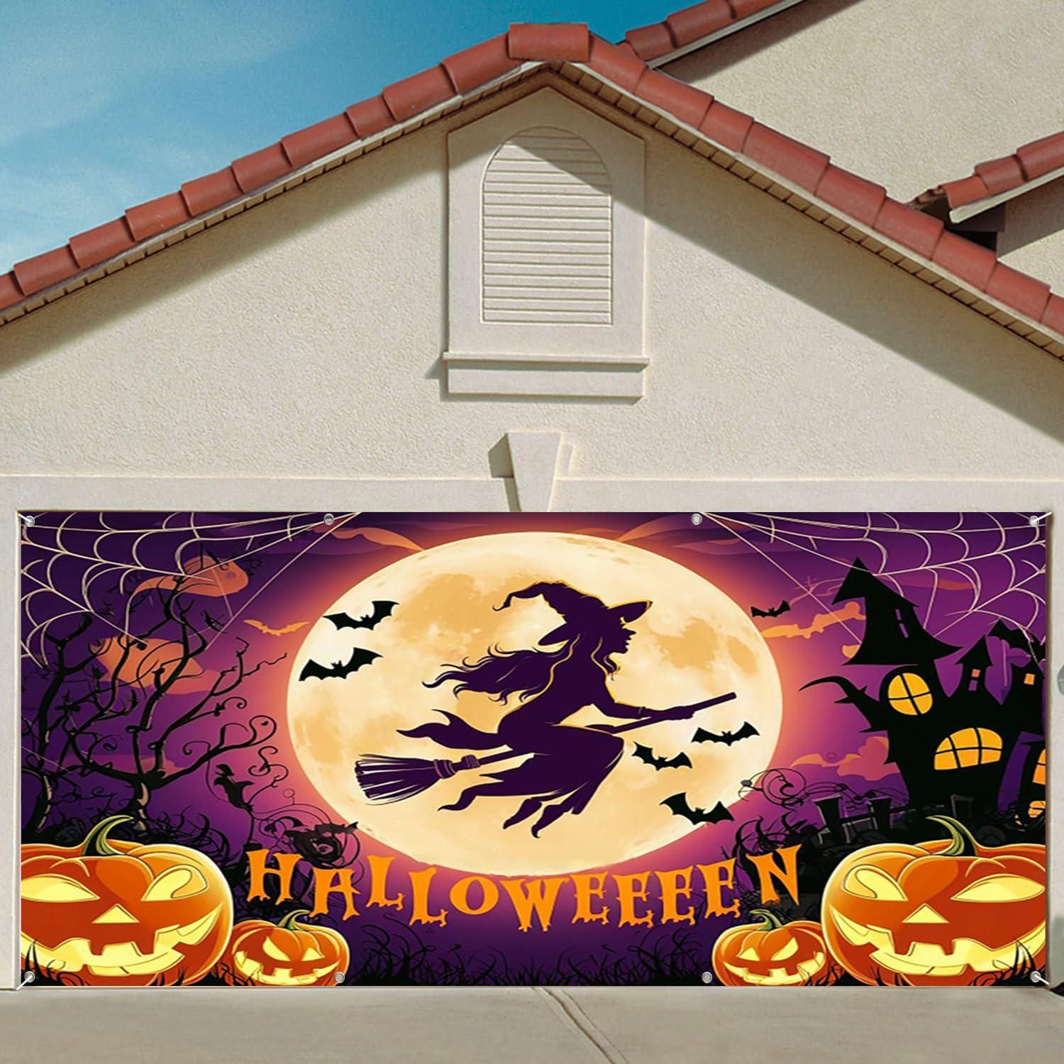 7x8ft Happy Halloween Haunted House Garage Door Decor Full Moon Pumpkins Bats Beautiful Witch Silhouette Garage Door Cover Indoor Outdoor Celebration Festive Background Decor