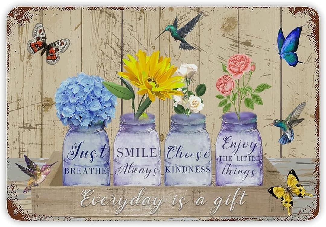 Pibonto Men's Wall Art Funny Novely Life Quote Tin Plaque Sunflowe Blue Hydrangea Metal Sign Rust Chic Sign Watercolor Painting Poster Valentine's Day Gift For Home Sewing Room Motorhomes Cafe Decor 8X5.5 Inch