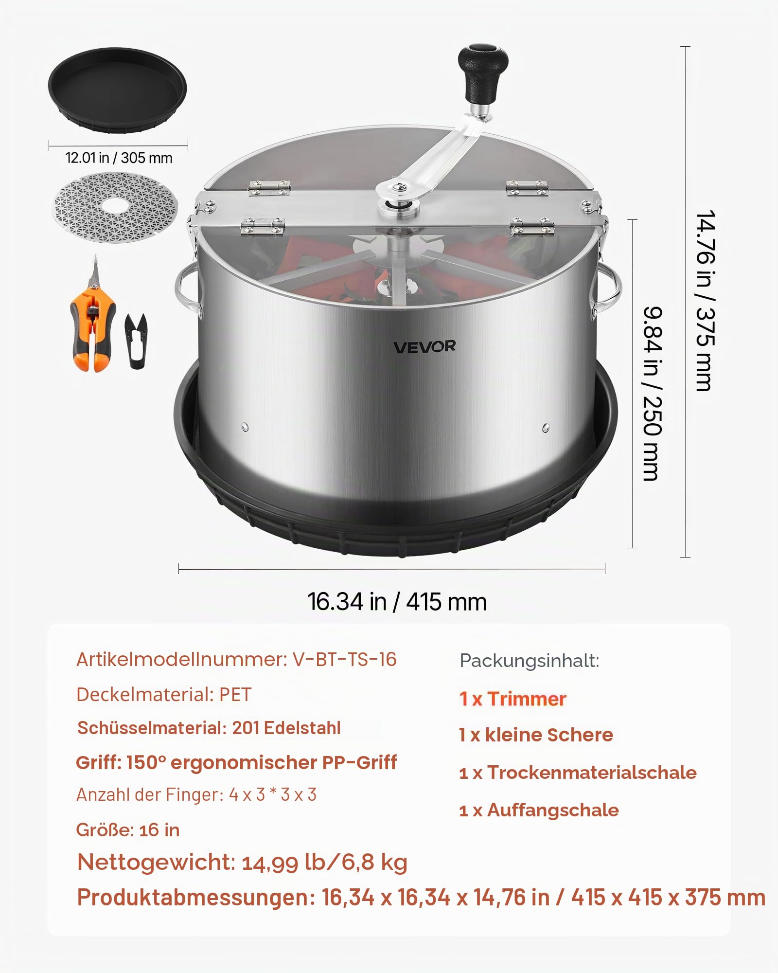 VEVOR Erntemaschine, 40,6 cm Blattschneider, Knospenschneider mit Edelstahlklingen, Nass- & Trocken-Hydrokultur-Schneidemaschine mit Tablett, Blattschüssel Trimmer für Pflanzenknospen & Blumen