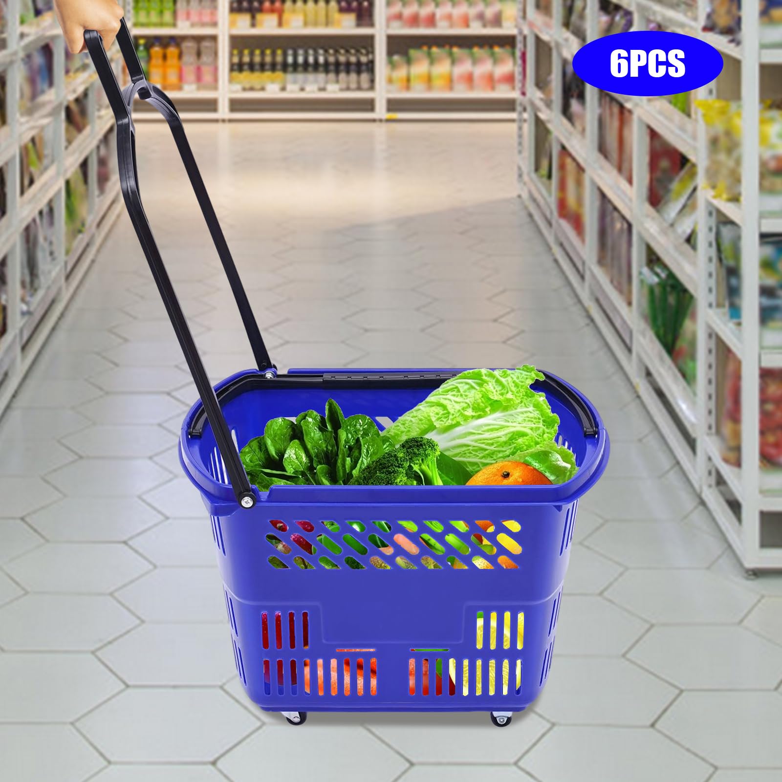 6PCS Shopping Cart, 35L/9.2gal Plastic Rolling Shoppings Basket, Large Portable Store Baskets Retail Set for Supermarkets, Retail Stores, Grocery Shopping (Blue)
