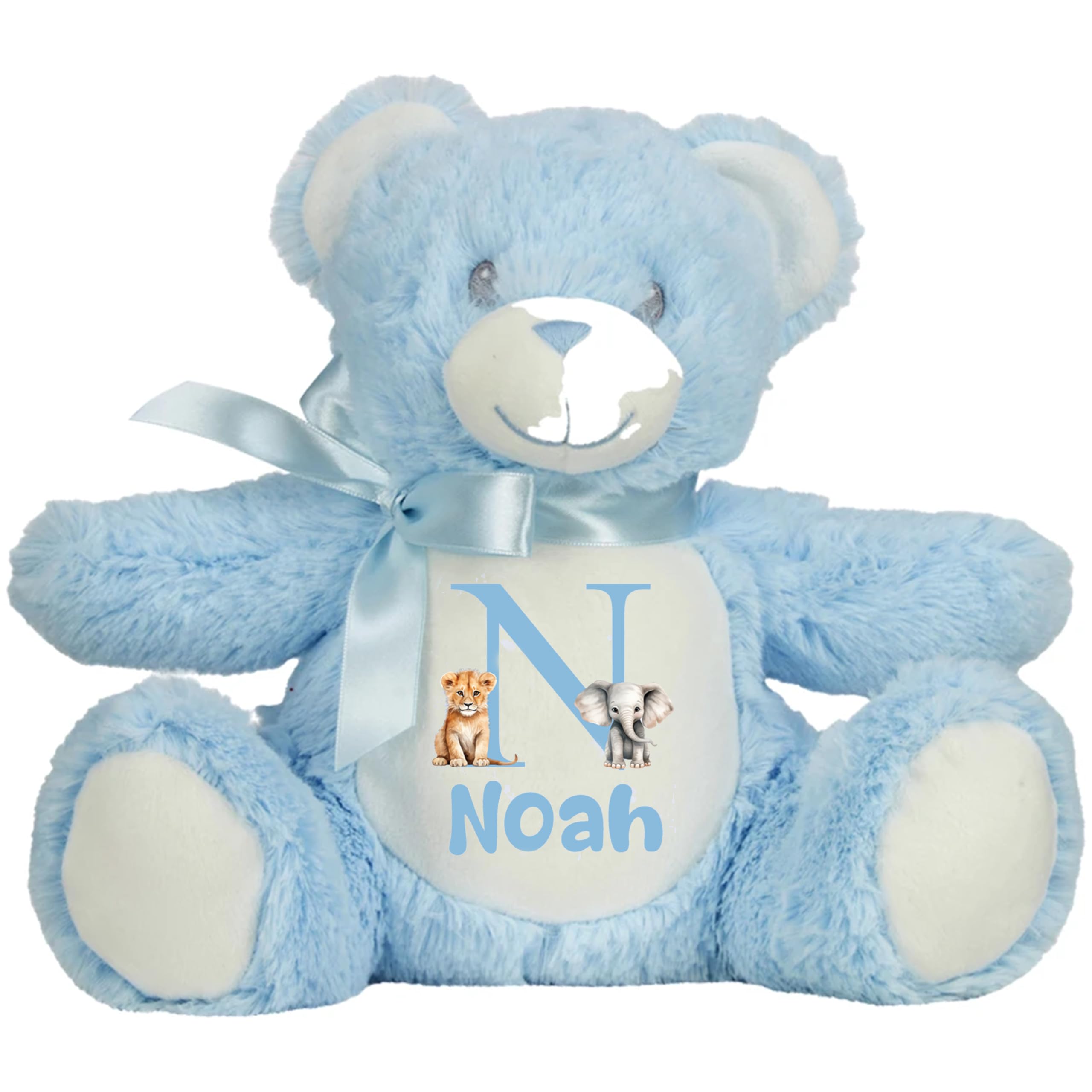 The Baby Box UK Personalised Teddy Bear Bunny Rabbit Lion Monkey Unicorn Name Newborn Gift (Blue Teddy Bear)
