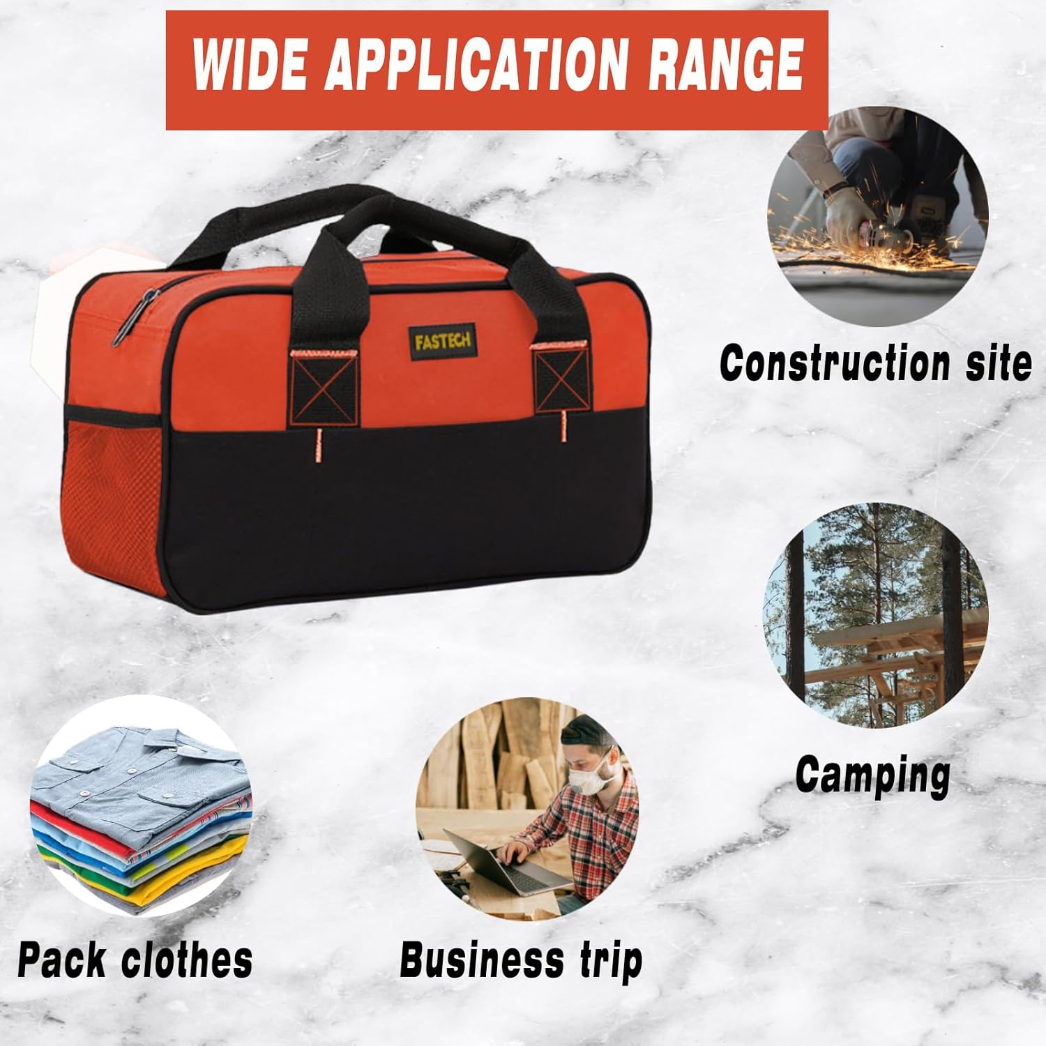 FASTECH 14 Inch Small Tool Tote Bag, Wide Mouth Zipper Bag, Waterproof Tool Organizer Bag, Multi-Pockets Wide Mouth Tool Tote For Man/Woman (Orange) - Image 7