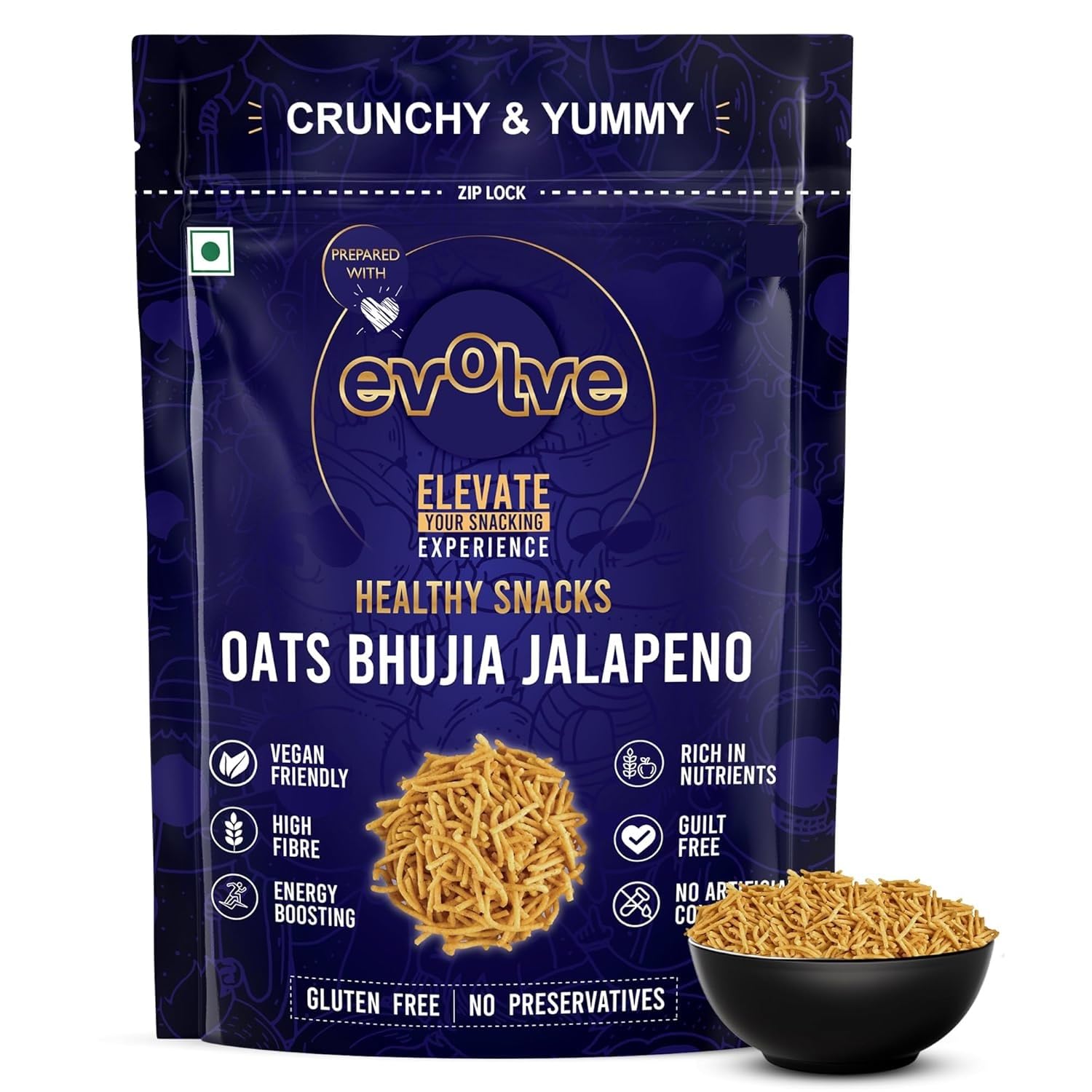 Evolve Snacks Jalapeno-Infused Oats Bhujia | Crispy & Crunchy Traditional Namkeen | Heat Up Your Snack Game | Made with All Natural Ingredients | Healthy (Oats Bhujia, 200g)|