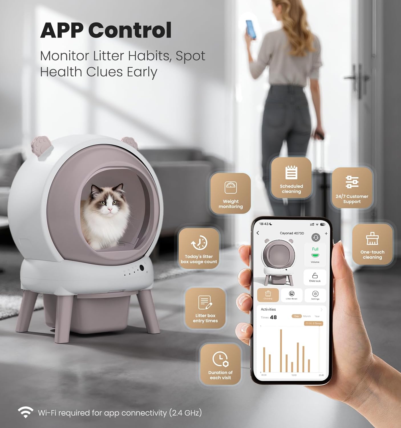 Self Cleaning Litter Box for Multiple Cats, Automatic Litter Box with APP Real-Time Monitor, Dual Safety Protection, Odor-Free Waste Disposal Includes Trash Bags, Pink