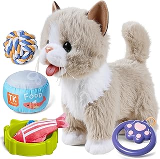 TUMAMA Interactive Cat Toy for Children, Cuddly Toy Kittens with Remote Control Lead Running and Barking, Plush Toy Electronic Kitten Pet from 3 4 5 6 - Walking, Meowing, Tail Wagging
