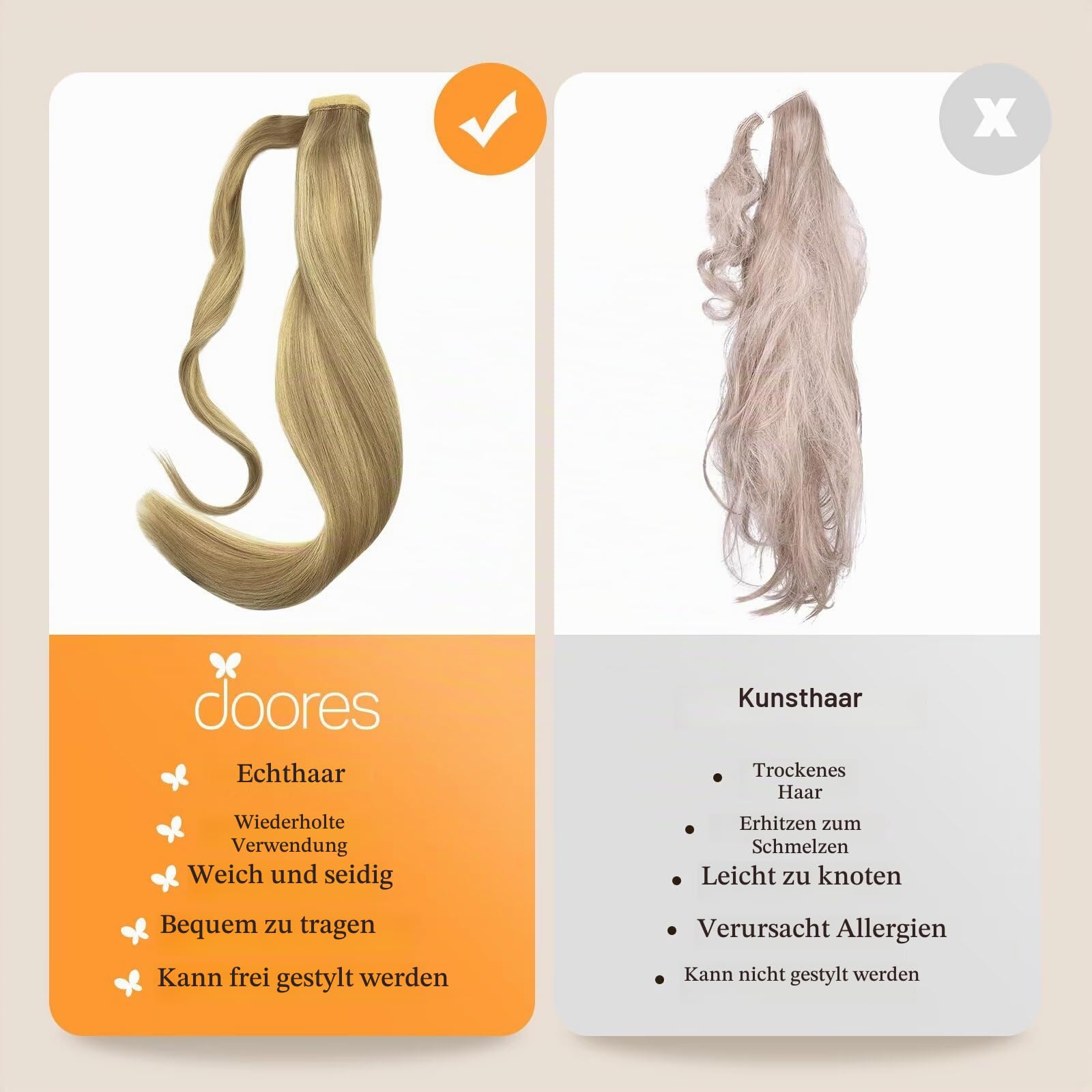 DOORES Pferdeschwanz Haarteil, Hellblond Highlights Goldblond 35cm 75g, Ponytail Extension Gerade Extensions Zopf Clip in Wickeln Sie um Remy Ponytail Echthaar Glattes Magic Paste | Haarverlängerung zum Anklippen, natürliches Echthaar, 75 g, Balayage, Hel