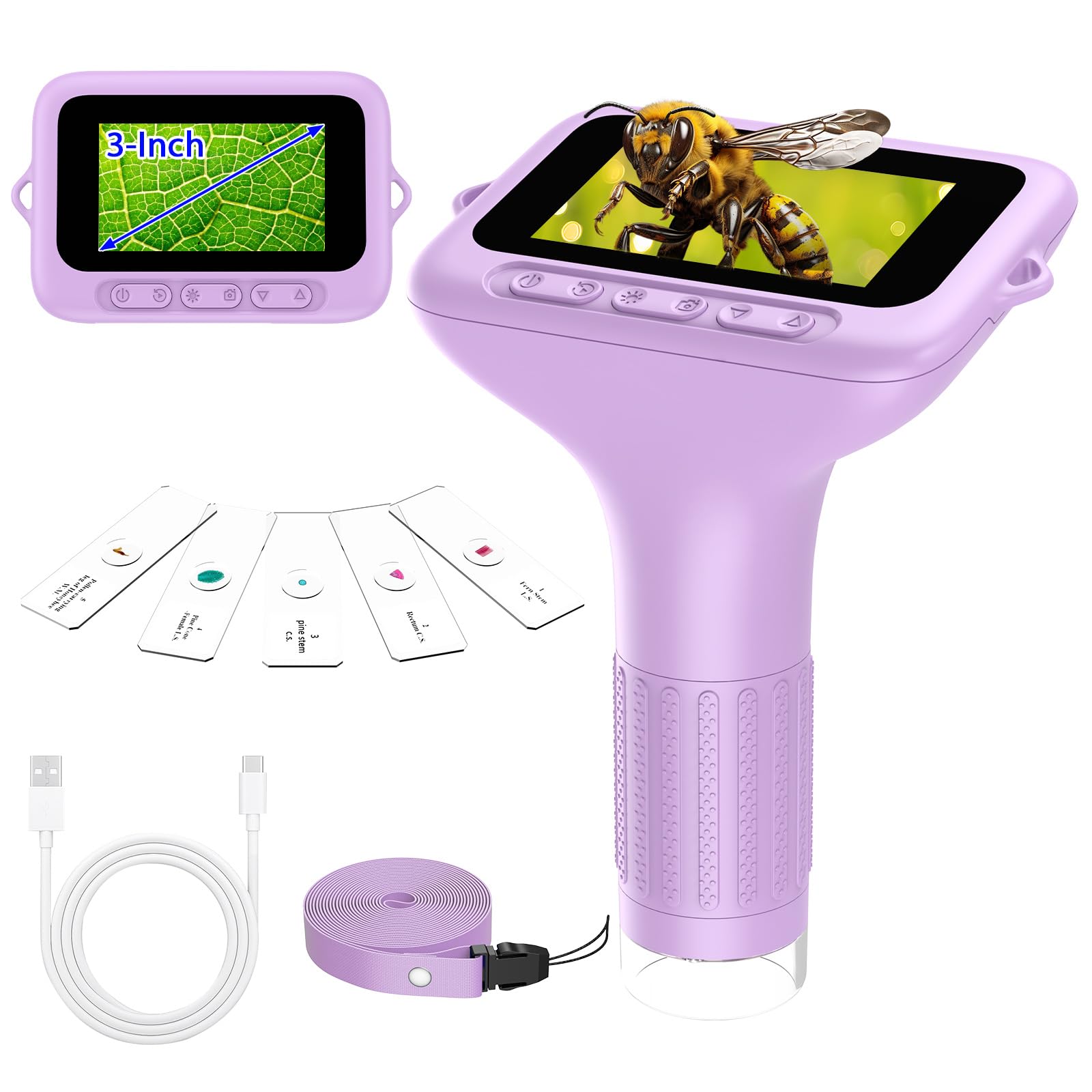 Microscope Enfant Numérique de Poche Portable: 3.0" Grand Écran 1000X 32GB Microscope Rechargeable Kit de Lames Biologiques Loupe Cadeau Scientifique pour Enfants Violet