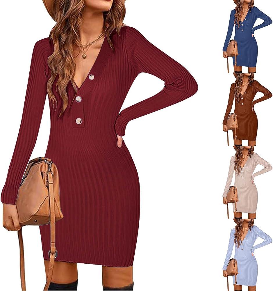 Abito Invernale A Maglia Da Donna, Elegante E Sexy, Con Scollo A V, Maniche Lunghe, Modello Aderente, Tinta Unita, Casual, Da Cocktail - 5