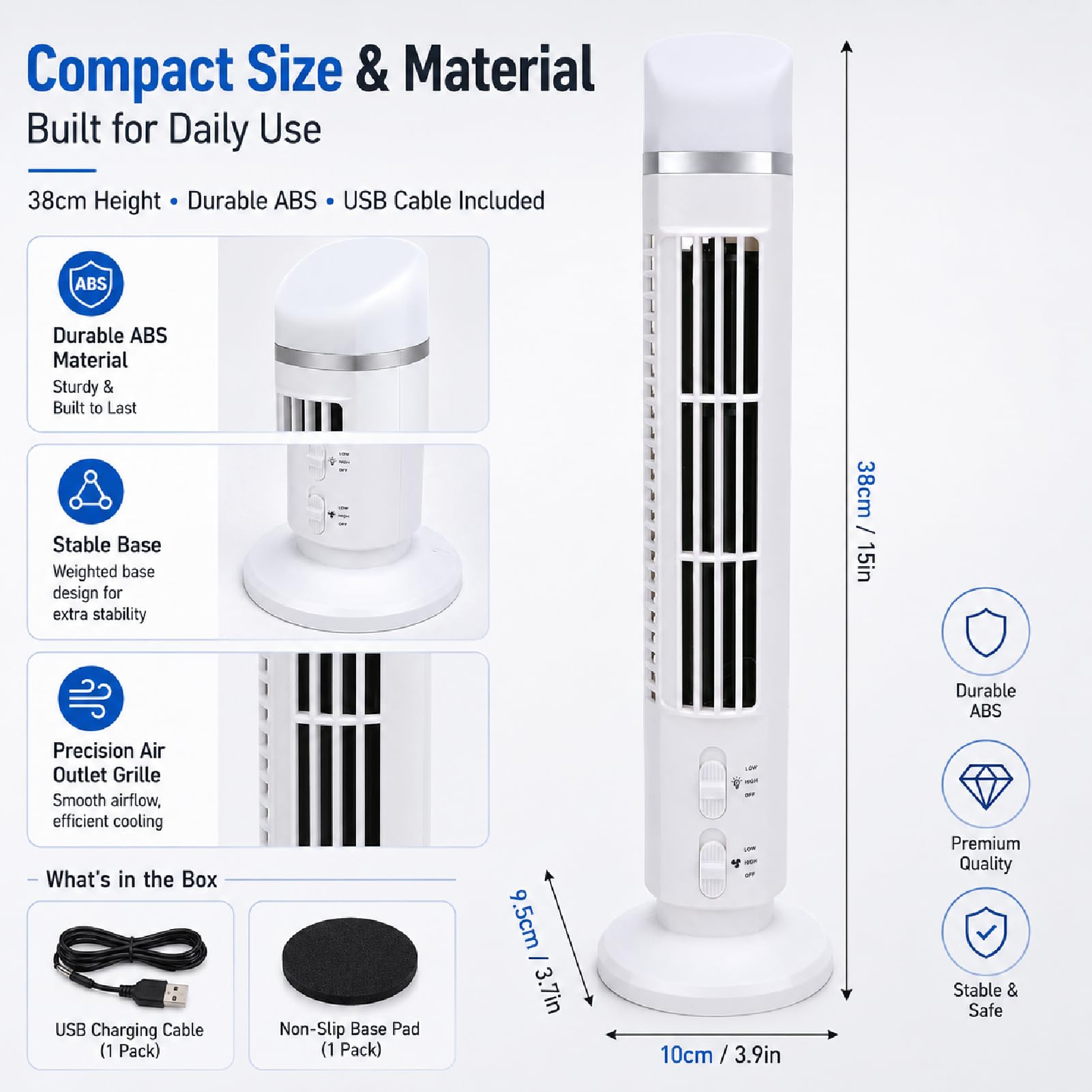HERCHR 2 ventole a torre senza pale, ventilatore a torre portatile con illuminazione a LED, che emette aria fredda, porta USB, ideale per camera da letto, casa e ufficio (bianco)