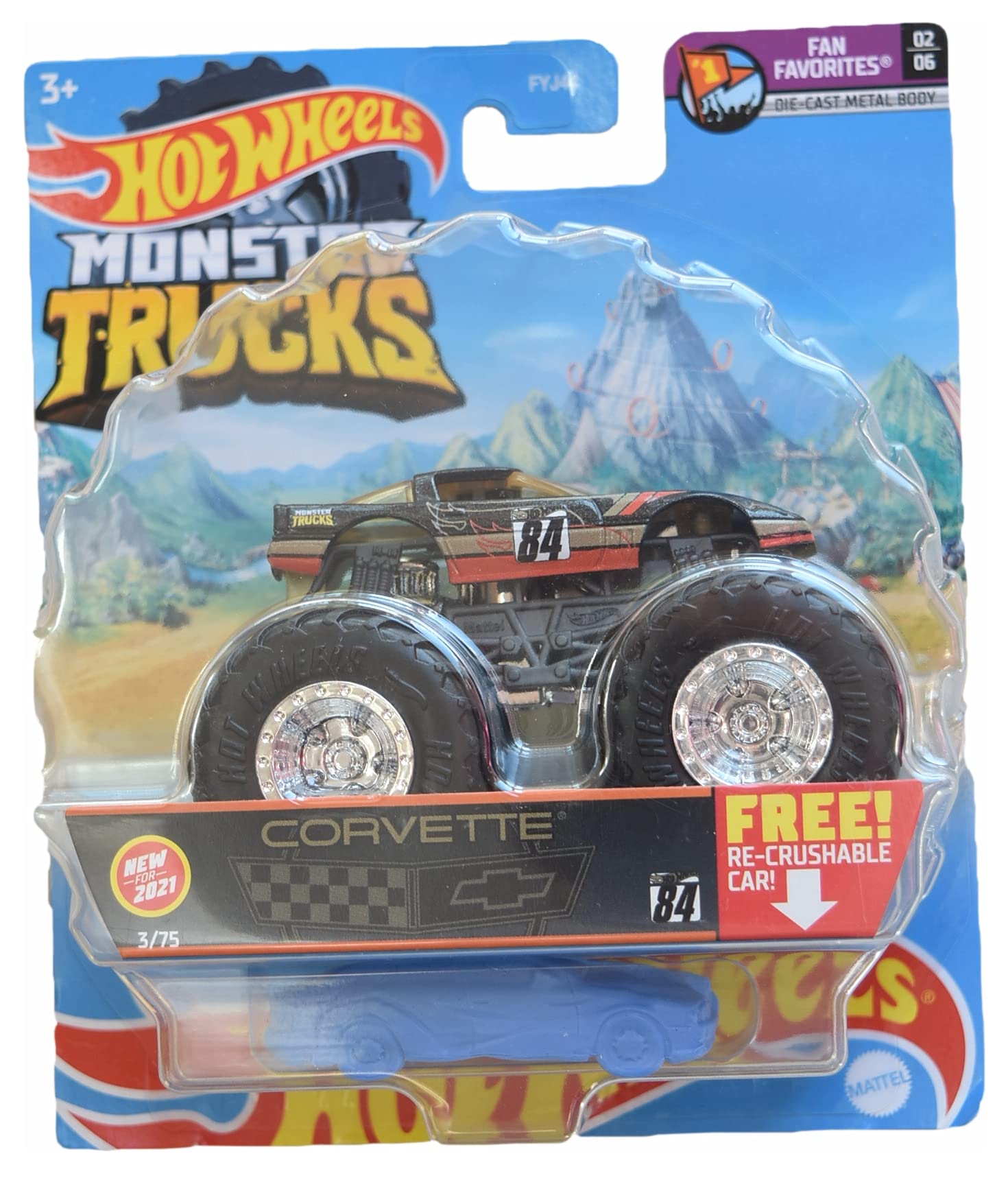 Hot Wheels Monster Trucks Corvette, [Black] Re-Crushable 3/75