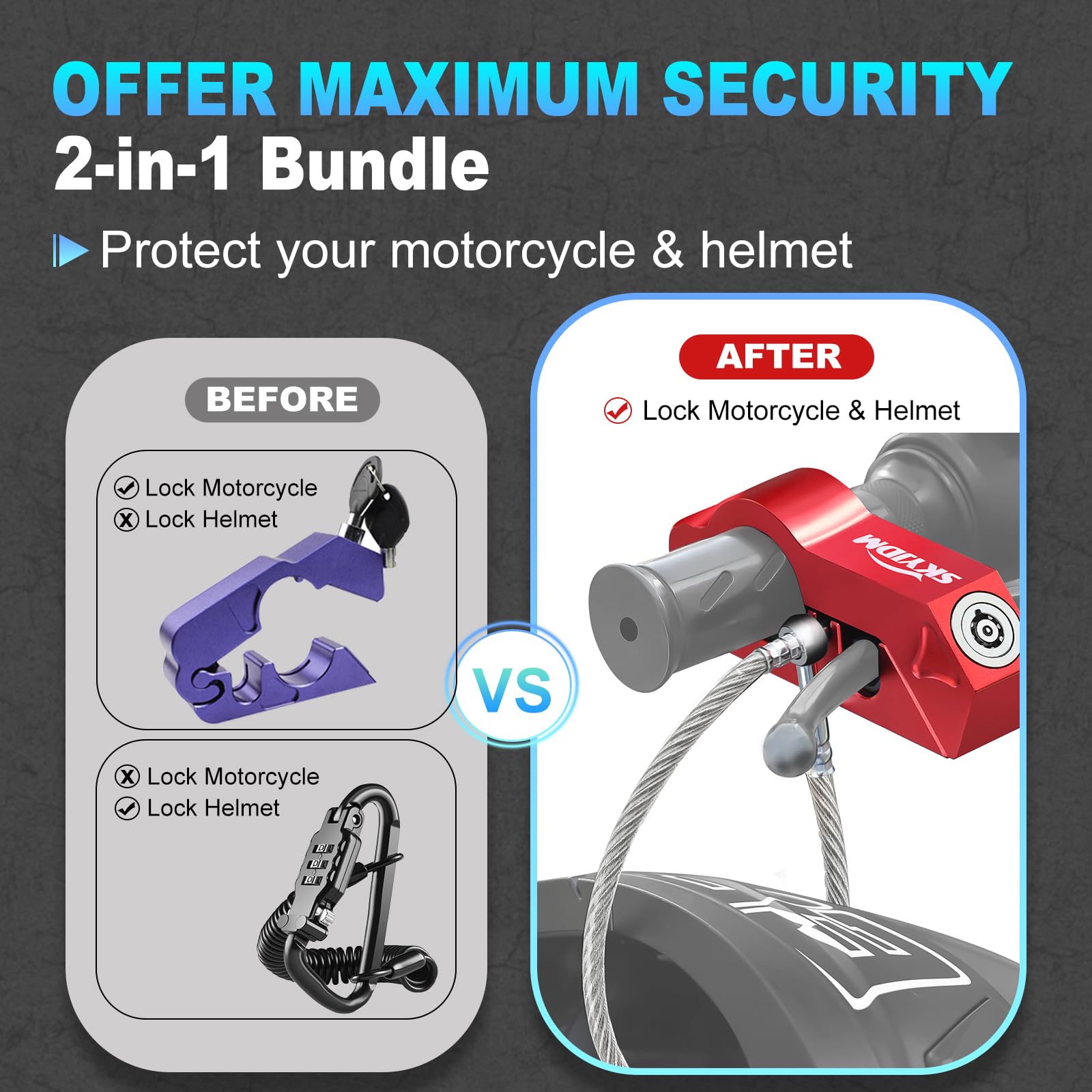 Combo de bloqueo de motocicleta – Casco y agarre antirrobo para todas las motocicletas, bicicletas, ATV, scooters con diámetros de manubrio dentro de 1.3-1.5 pulgadas (rojo)