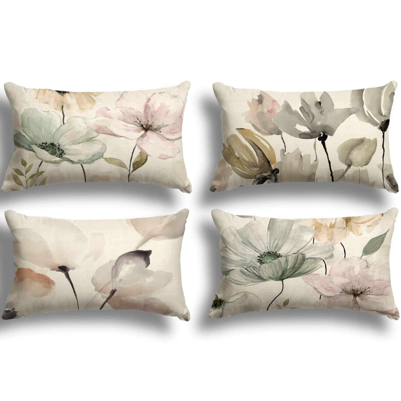 ZWJD Blumen Kissenbezug 30x50 4er Set Outdoor Kissen Dekokissen Leinen Kissenhülle Kissenbezüge Florales Aquarellgemälde Kissenhüllen für Sofa Wohnzimmer Zierkissen 30x50cm
