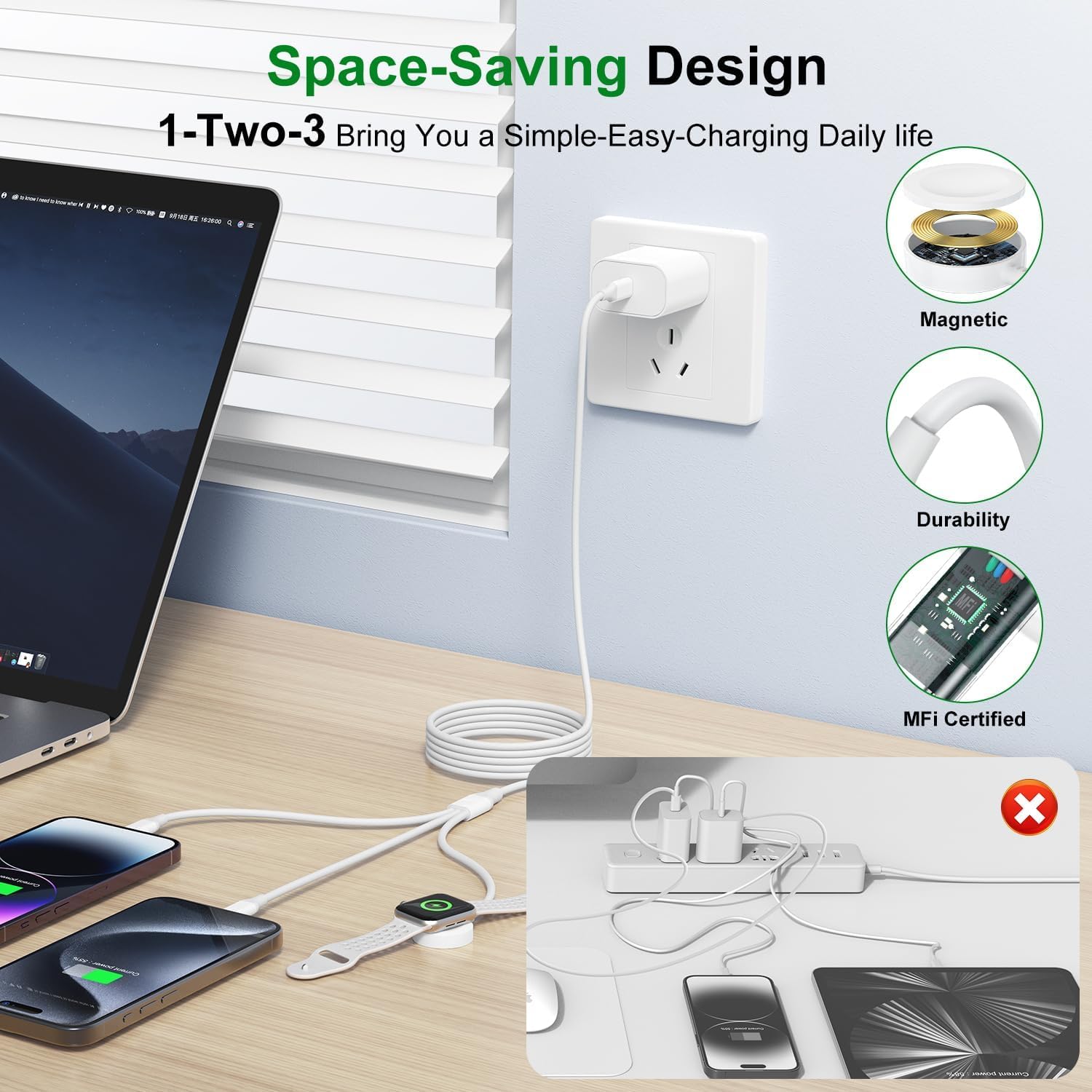 Caricabatterie 3 in 1 per Apple Watch, caricatore rapido USB C per iWatch e iPhone, cavo di ricarica multi Apple Watch da 2 m, con spina USB-C da 20 W, per iWatch Ultra/Serie 11/10/9/8/3, iPhone 17 16
