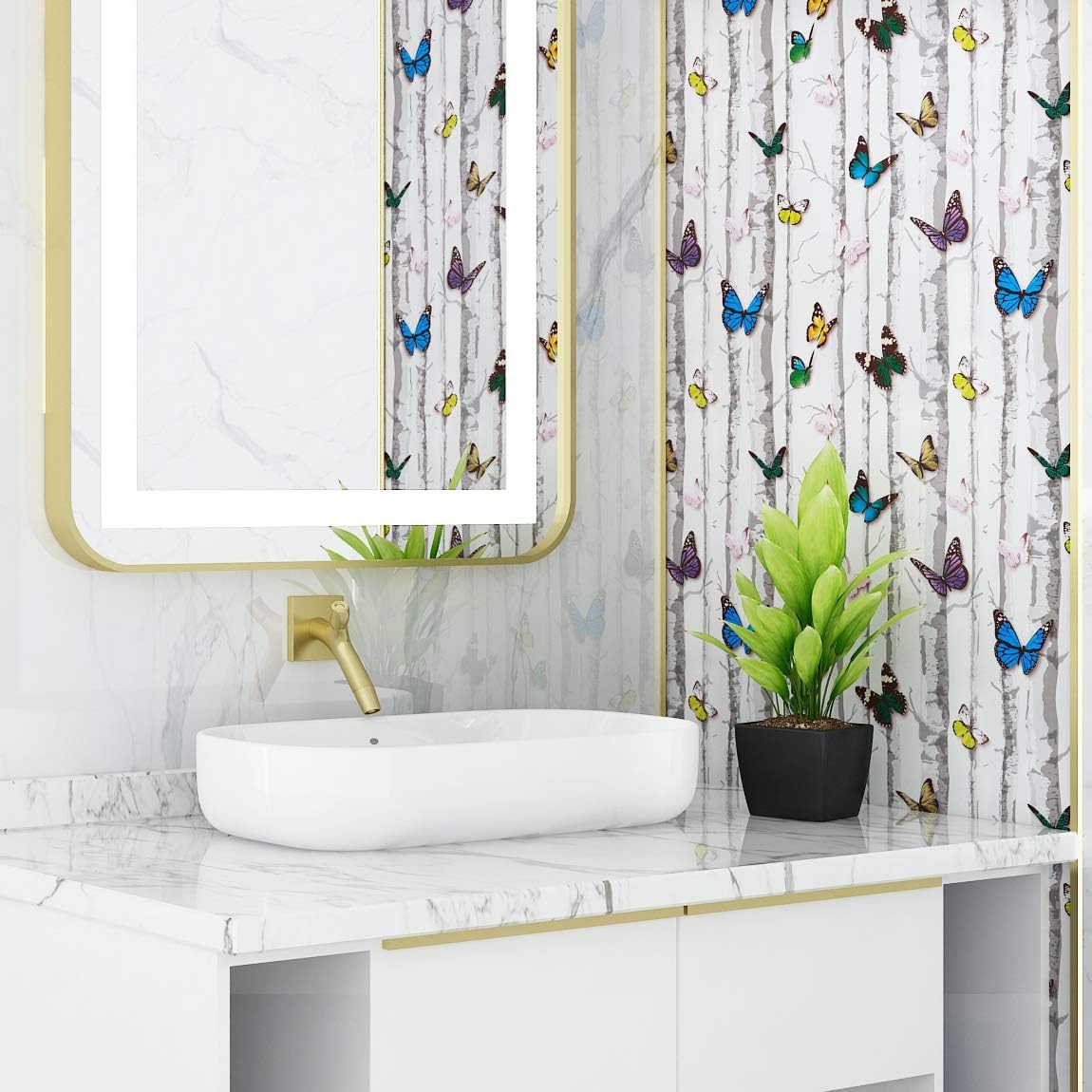 YENHOME Colorful Butterfly Wallpaper Stick and Peel Modern 17.7" X 118" Self Adhesive Insects Branches Brich Tree Wallpaper for Bedroom Nursery Bathroom Wall Paper Renter Friendly Roll