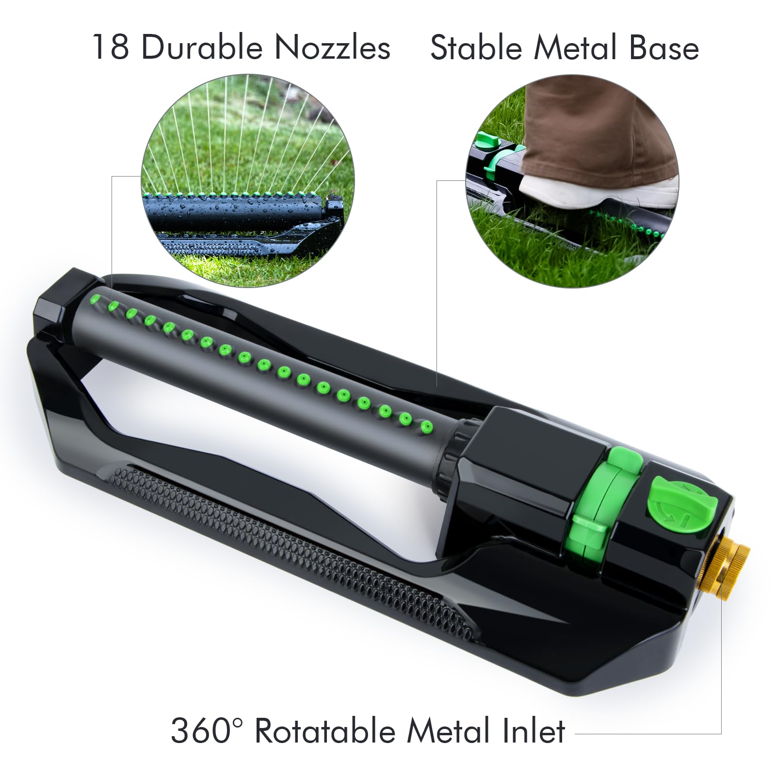 RESTMO Irrigatore oscillante resistente con base in metallo, sistema di irrigazione del prato regolabile con controllo del flusso, copre fino a 3.600 mq. per giardino, cortile
