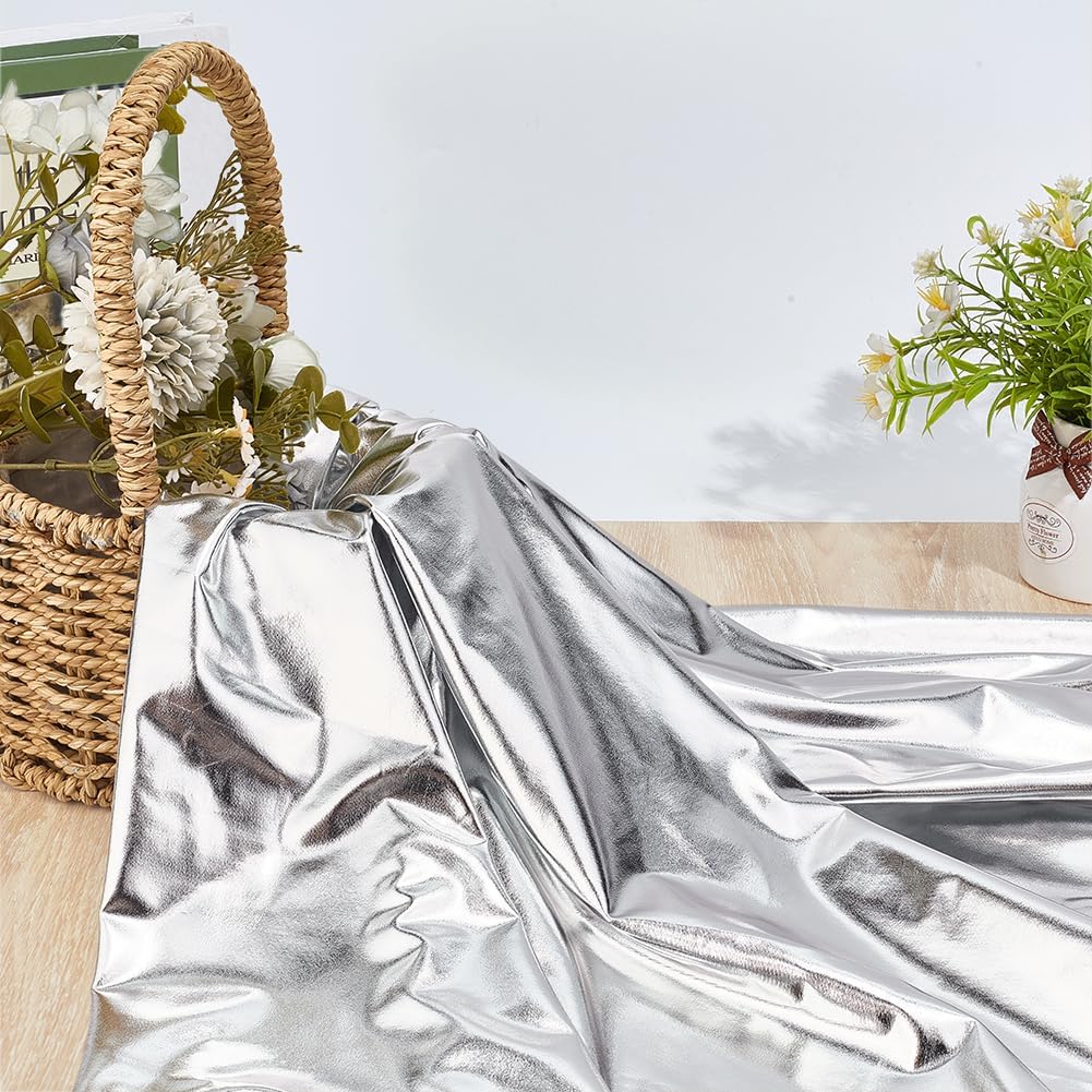MAYJOYDIY Silver Metallic Stretch Fabric, 2.2 Yards x 59 Inch Metallic Foil Spandex Material Shiny Iridescent Stage Performance Fabric for Costumes, Dancewear, Party Decor & Craft Projects
