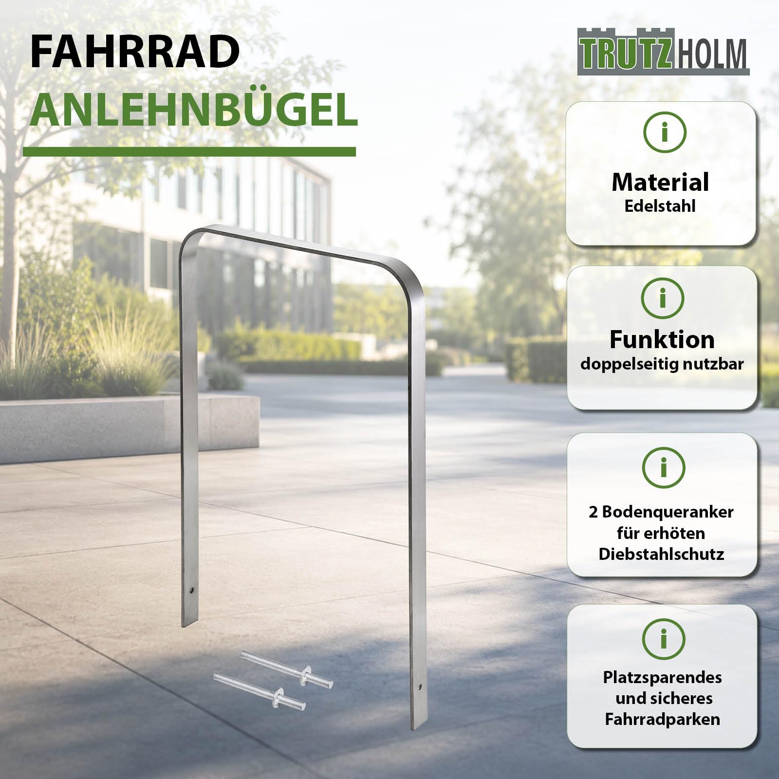 TRUTZHOLM 2x Fahrradanlehnbügel 117x80 cm Flachstahl massiver Edelstahl