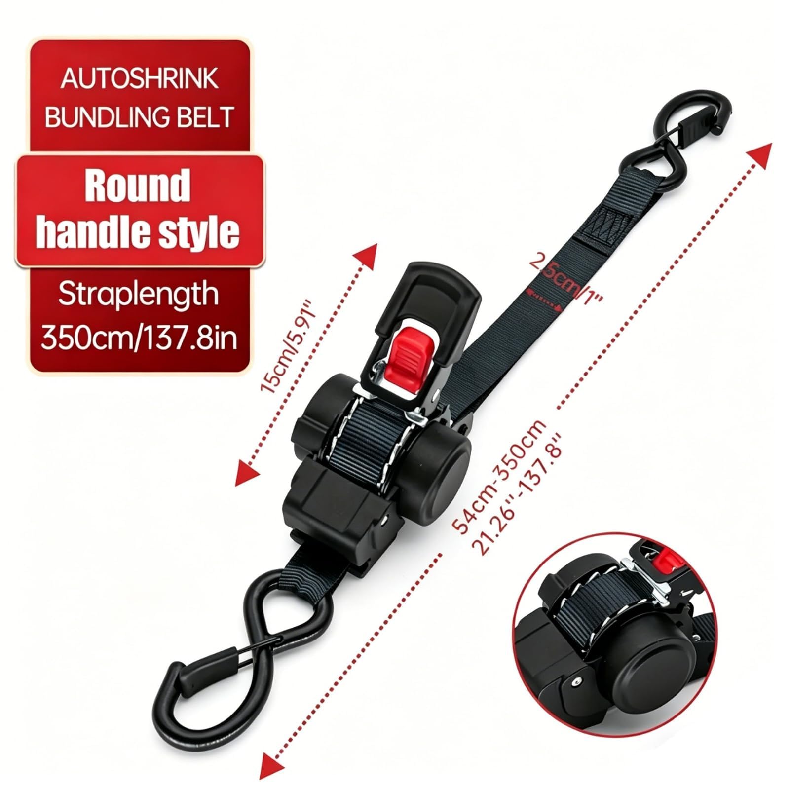 Cinghia a Cricchetto Autoavvolgente, 3.5m x 25mm 2 Pezzi | Fettuccia in Poliestere, Resistenza alla Rottura 680 kg, per Fissaggio Carico su Camion, Rimorchio, Moto e Barca
