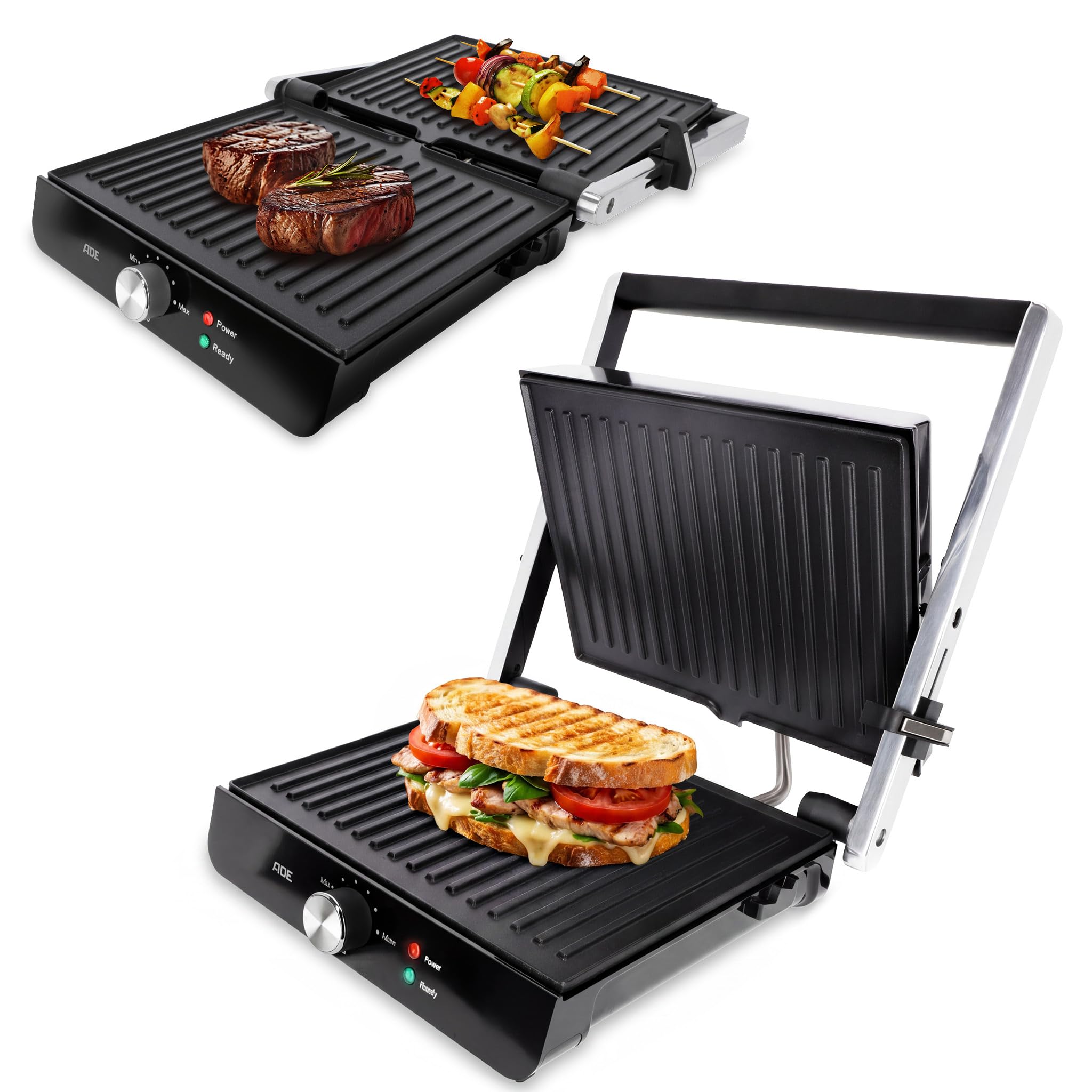 ADE Barbecue életrique pour légumes, viande et grill panini | appareil croque monsieur 3 en 1 | machine a panini | plancha électrique XXL | plaques antiadhésives et température réglable | 2.000 W