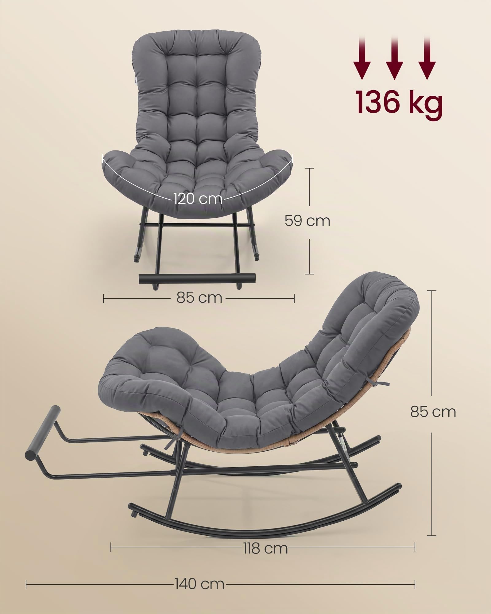 VASAGLE Schaukelstuhl, Schaukelsessel, Relaxsessel, Stahlgestell, ausziehbare Fußstütze, abnehmbares Kissen, bis 136 kg belastbar, Schlaf-, Wohnzimmer, Terrasse, Garten, grau LYY062GZ01