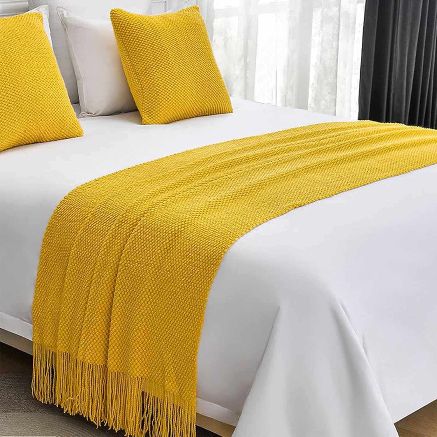 Solid Color Bed Scarf with Tassel, Knit Bed Runners for King Size Bed, Boho Woven Bed Scarves No Fading Soft Bed Throw Blanket for Bedroom Home Hotel (A1,60x260cm/23.6 * 102in)