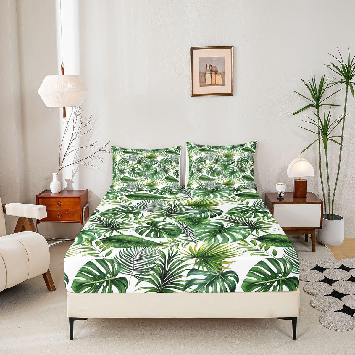 Erosebridal Palm Leaves Bed Sheet Set Hawaiian Fitted Sheet Monstera Banana Leaves Bottom Sheet Full Size Summer Tropical Leaves Bedding Set for Living Room Bedroom Decor, Green White