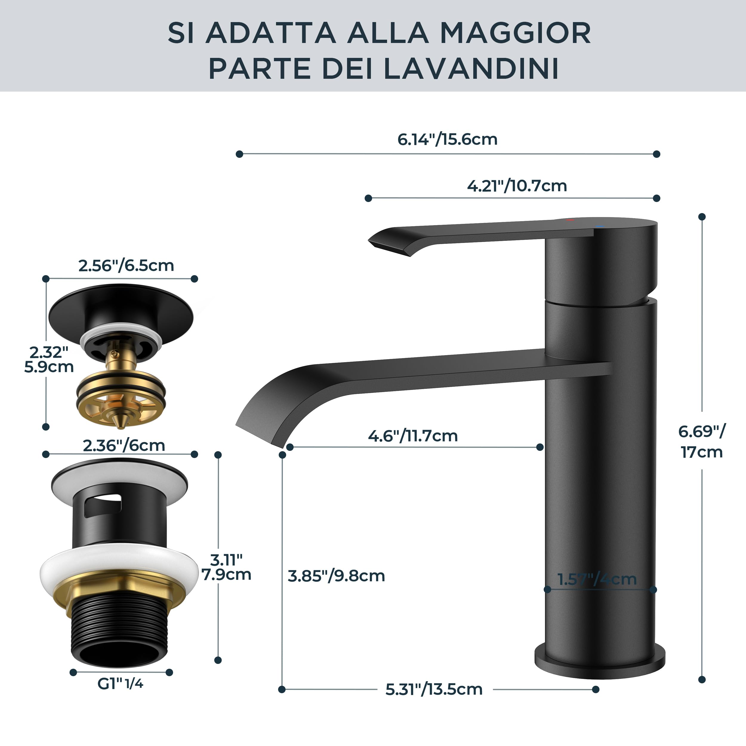FORIOUS Rubinetto Bagno Lavabo Nero con Piletta, Miscelatore Monocomando, Rubinetto a Cascata con Altezza Beccuccio 98MM, Design Moderno