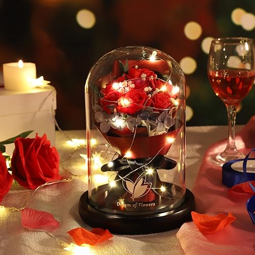 Miniatura 2 de Regalos de rosas de Navidad para mujeres, regalos de cumpleaños, rosa de la Bella y la Bestia en cúpula de cristal con 2 modos de luz, ramos de